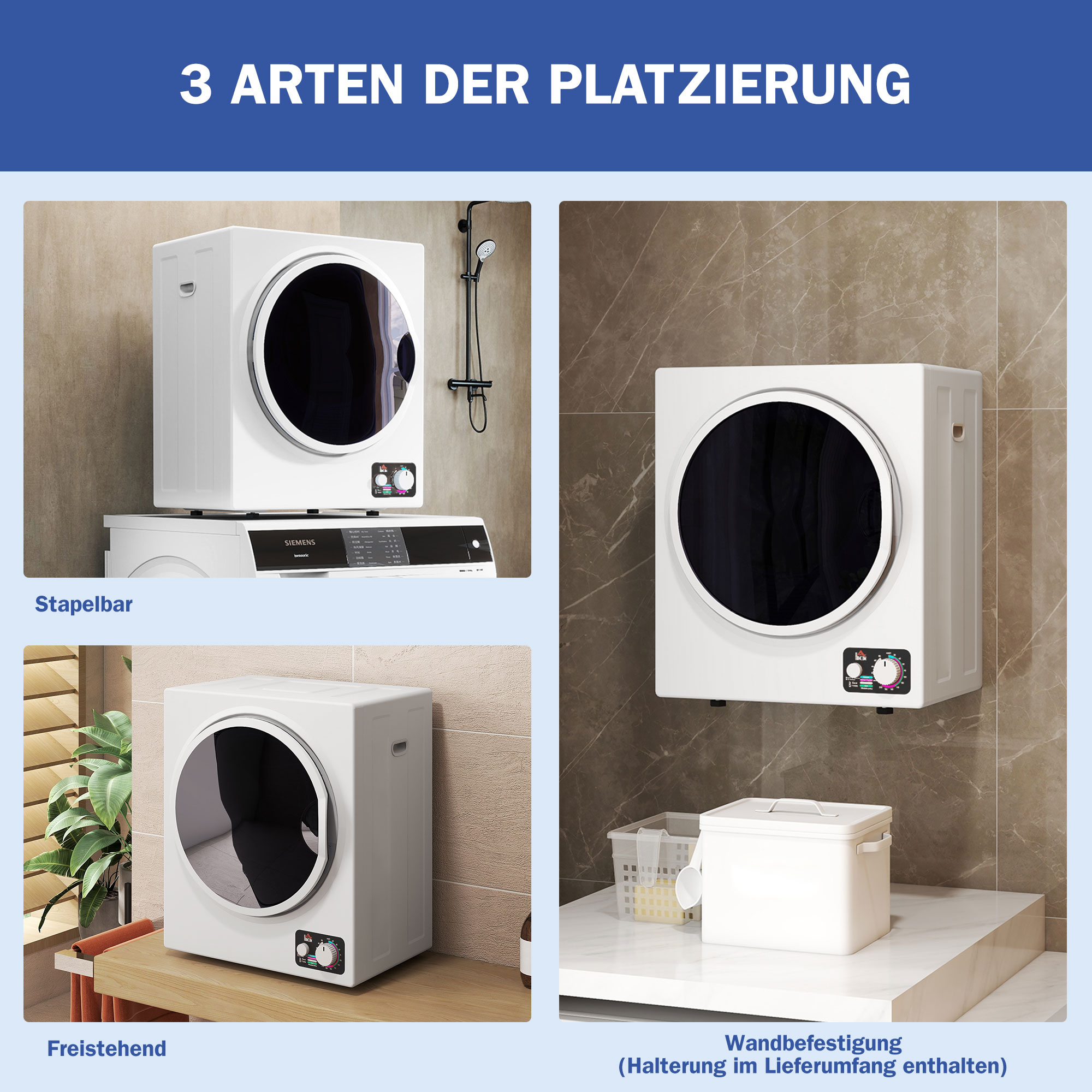 Mini Wäschetrockner 4 kg mit 4 Programme, 2 Heizstufen, Sterilisation bis zu 65? 850W für Kleidung