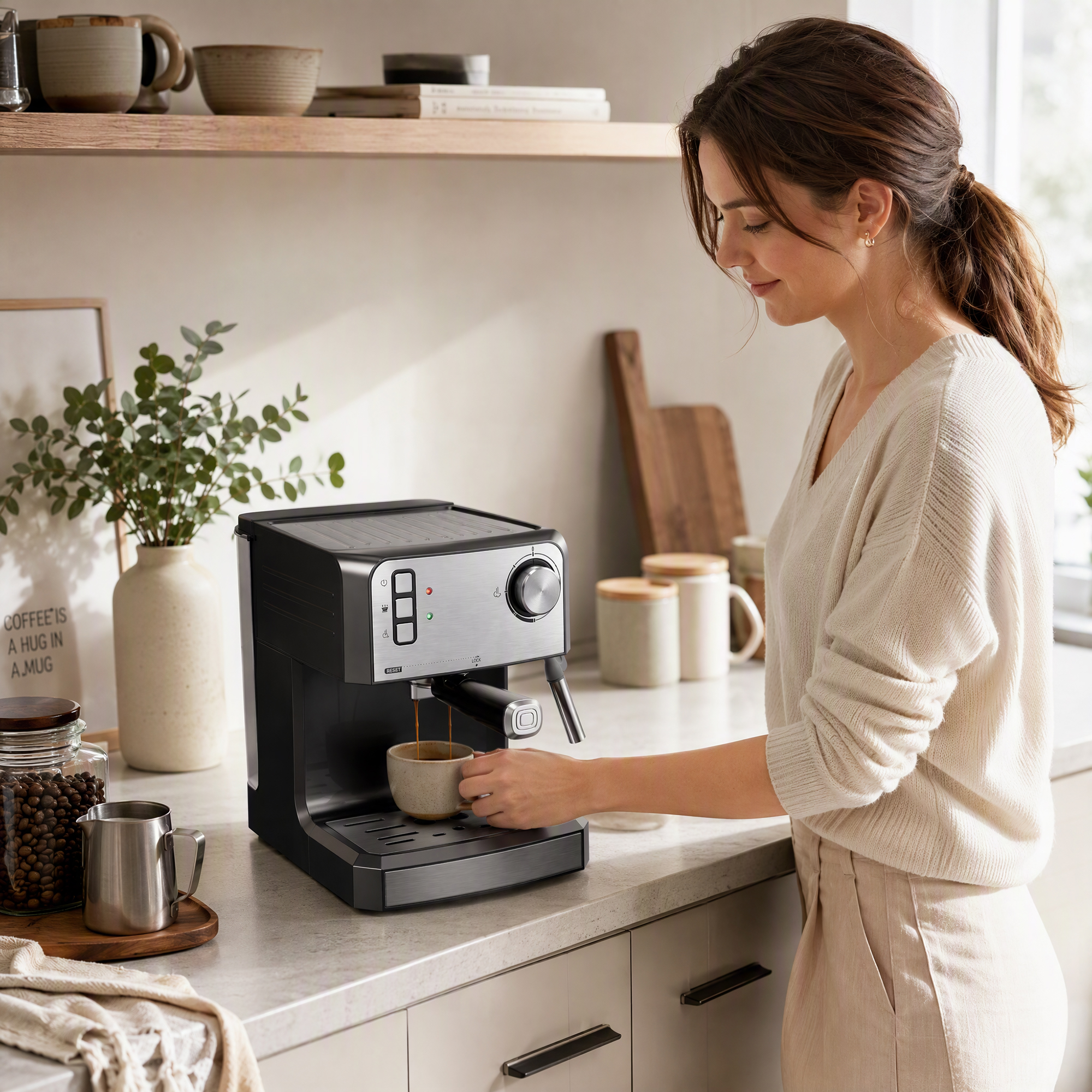Espressomaschine, 20-Bar-Kaffeemaschine mit Milchaufschäumdüse, 1,6-l-Wassertank, Schwarz
