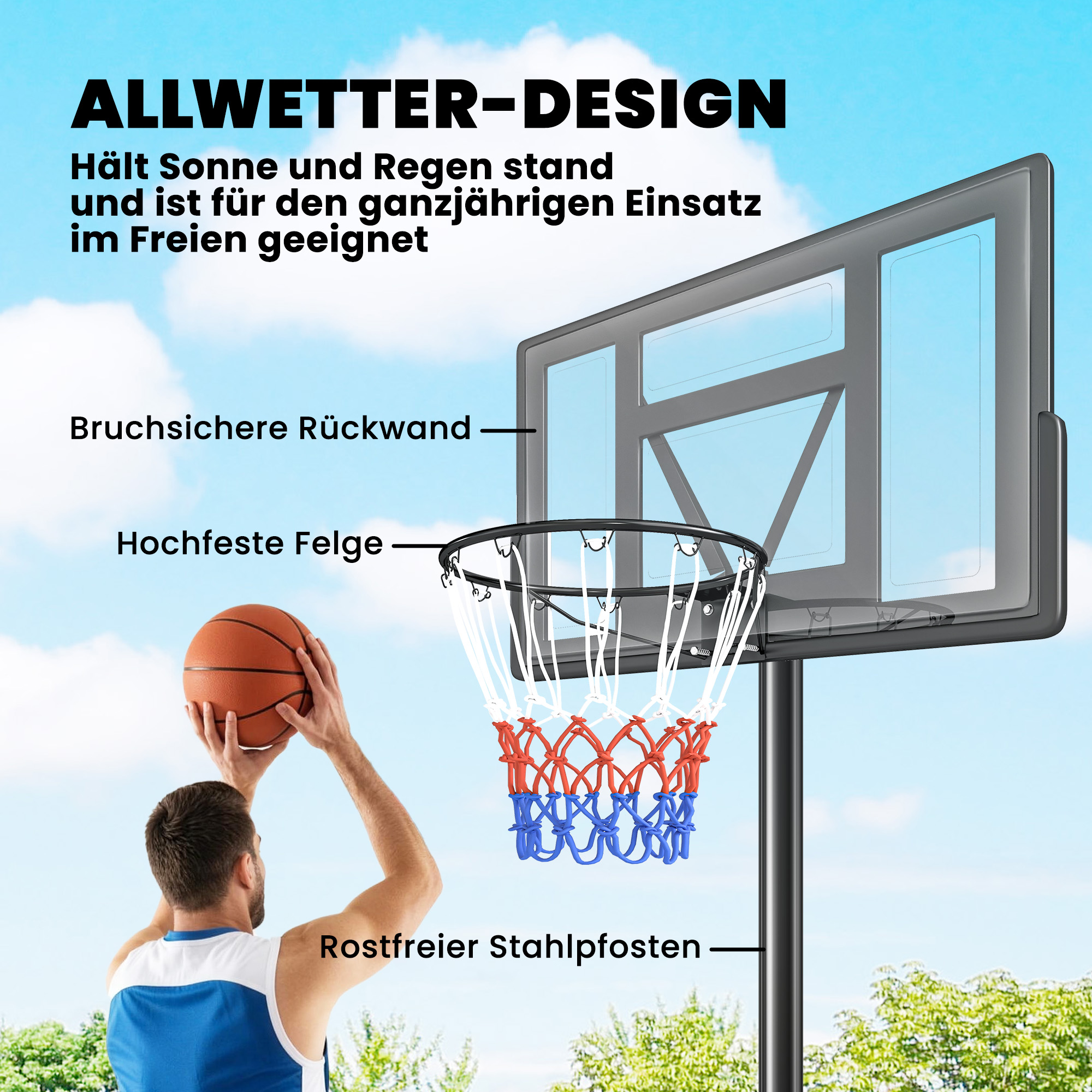Basketballkorb Outdoor 135-305cm schnell Höhenverstellbar Basketballständer mit 110x70cm bruchsichere Rückwand 2 Rädern