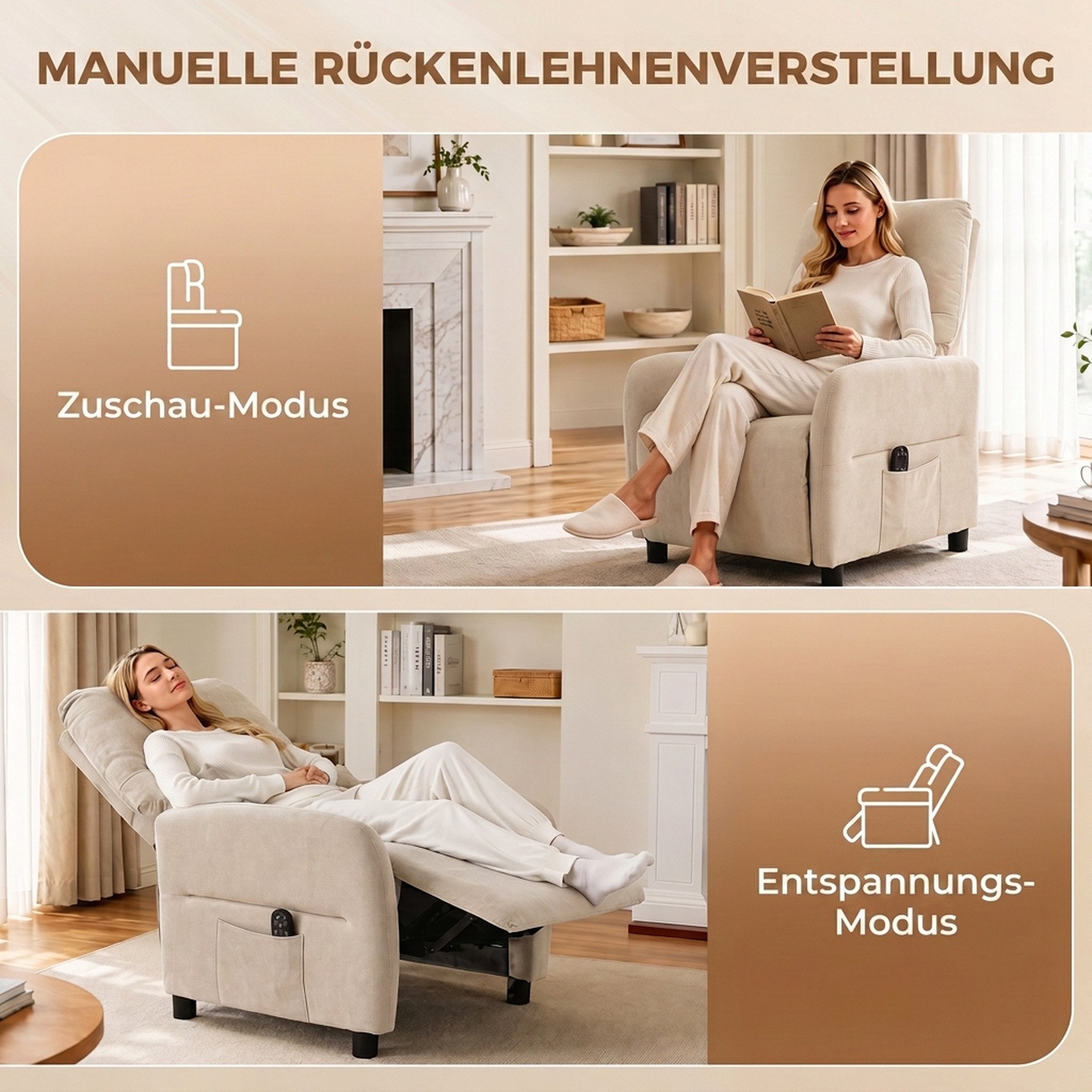 Relaxsessel mit Massage & Wärme, Liegefunktion, 2 Seitentaschen und ausziehbarer Fußstütze, Beige