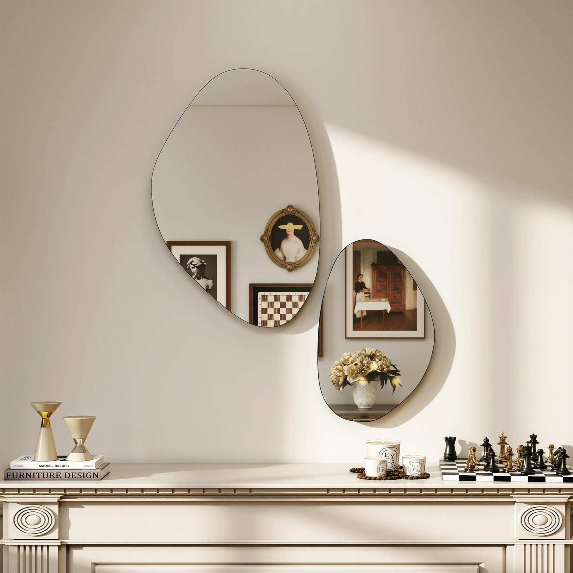 Wandspiegel 2er-Set 70 x 46 cm, 49,5 x 31 cm Fenster Spiegel mit Metallrahmen Hängespiegel in Kieselform, Schwarz