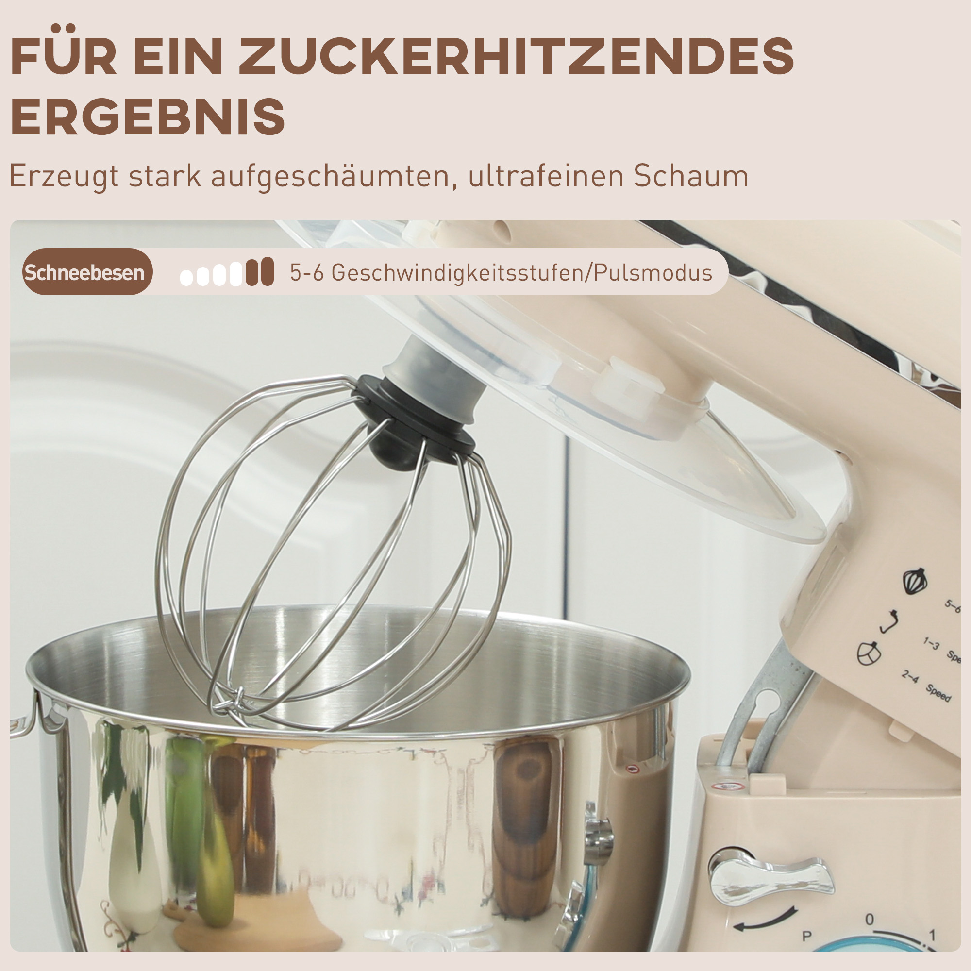 Küchenmaschine Knetmaschine mit 4,5L Edelstahlschüssel 1300W Teigmaschine mit 6+P Geschwindigkeit Beige