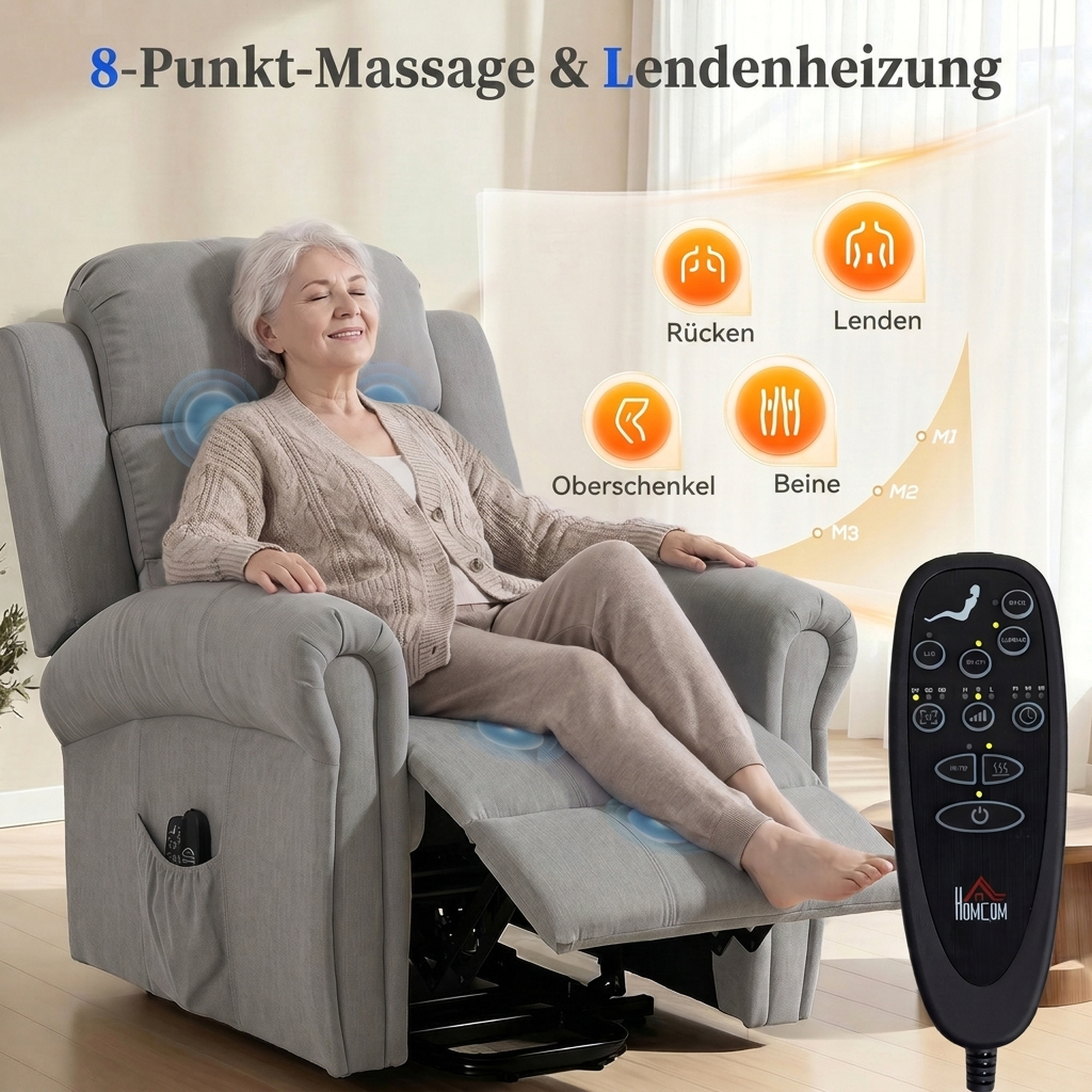 Power-Lift-Relaxsessel mit Vibrationsmassage und Wärmefunktion, Aufstehsessel mit USB-Anschluss, Seitentaschen und Fernbedienungen, Hellgrau