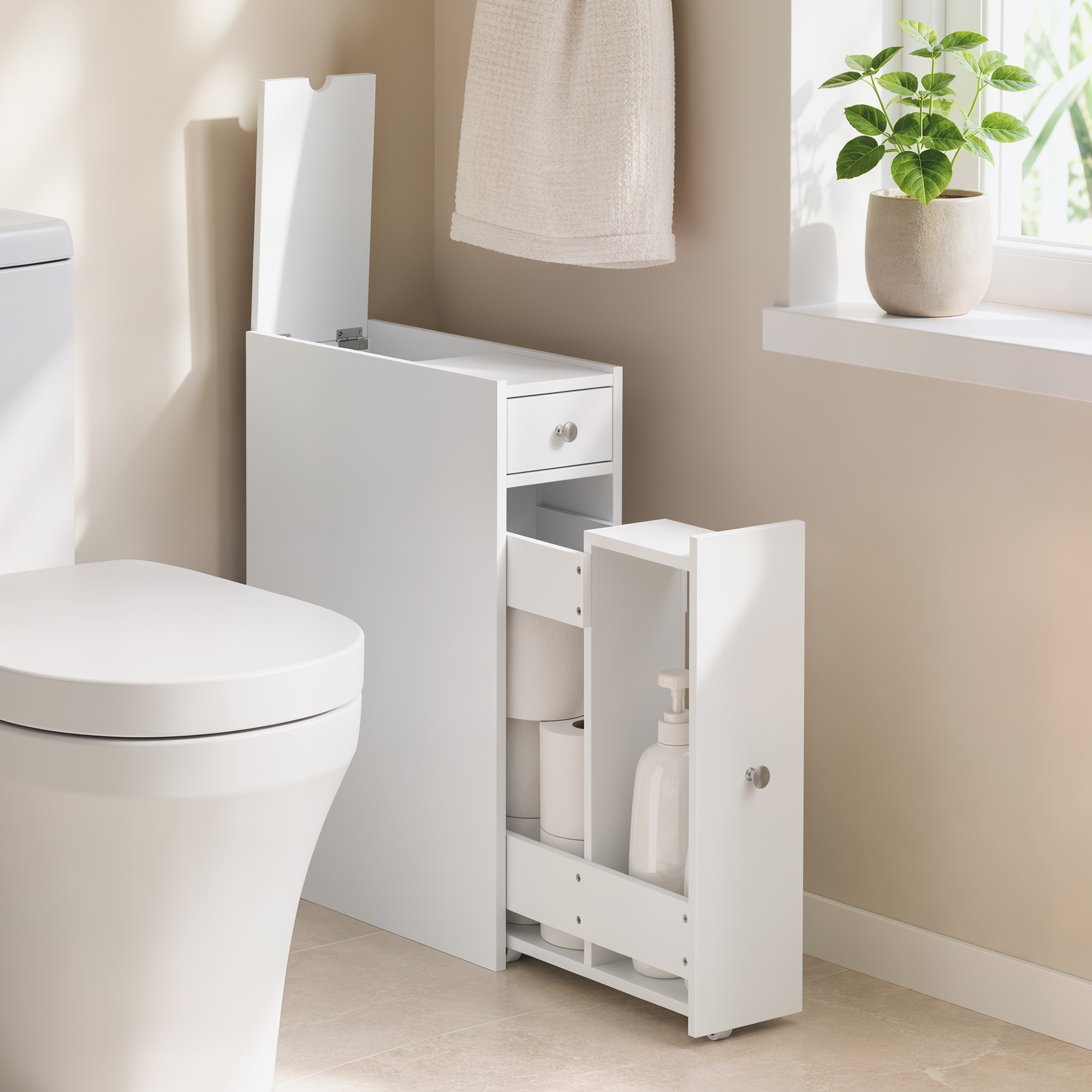 schmaler Badezimmerschrank, Badschrank stehend mit 2 Schubladen, Weiß