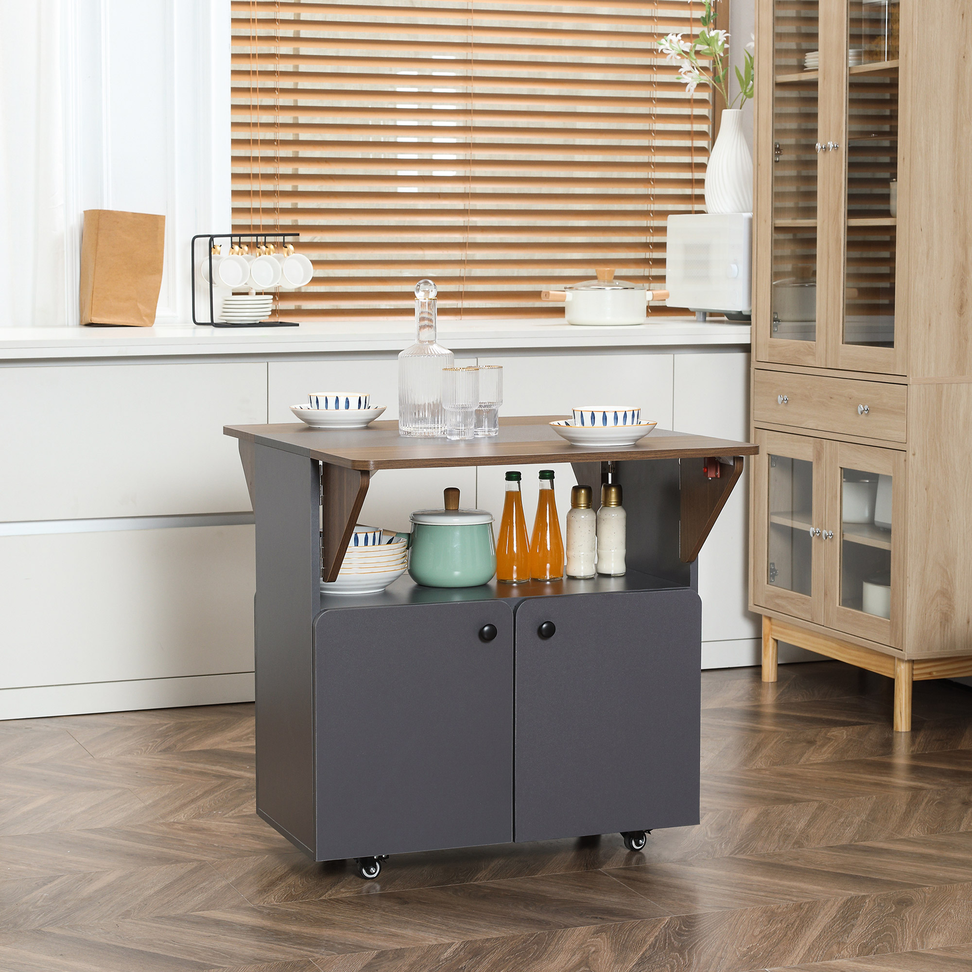 Klapptisch Rollschrank, zwei klappbare Tischseiten, Schrankfach, 4 Rollen, Hellgrau+Dunkelbraun, 70 x 83 x 75cm