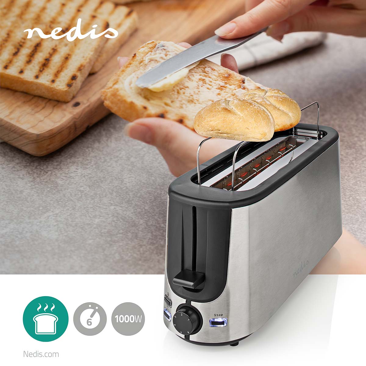 Toaster | Edelstahl Serie | 2 Brotscheiben | 1 Langer Schlitz | Bräunungsstufen: 6 | Auftaufunktion | Brötchenaufsatz | Aluminium