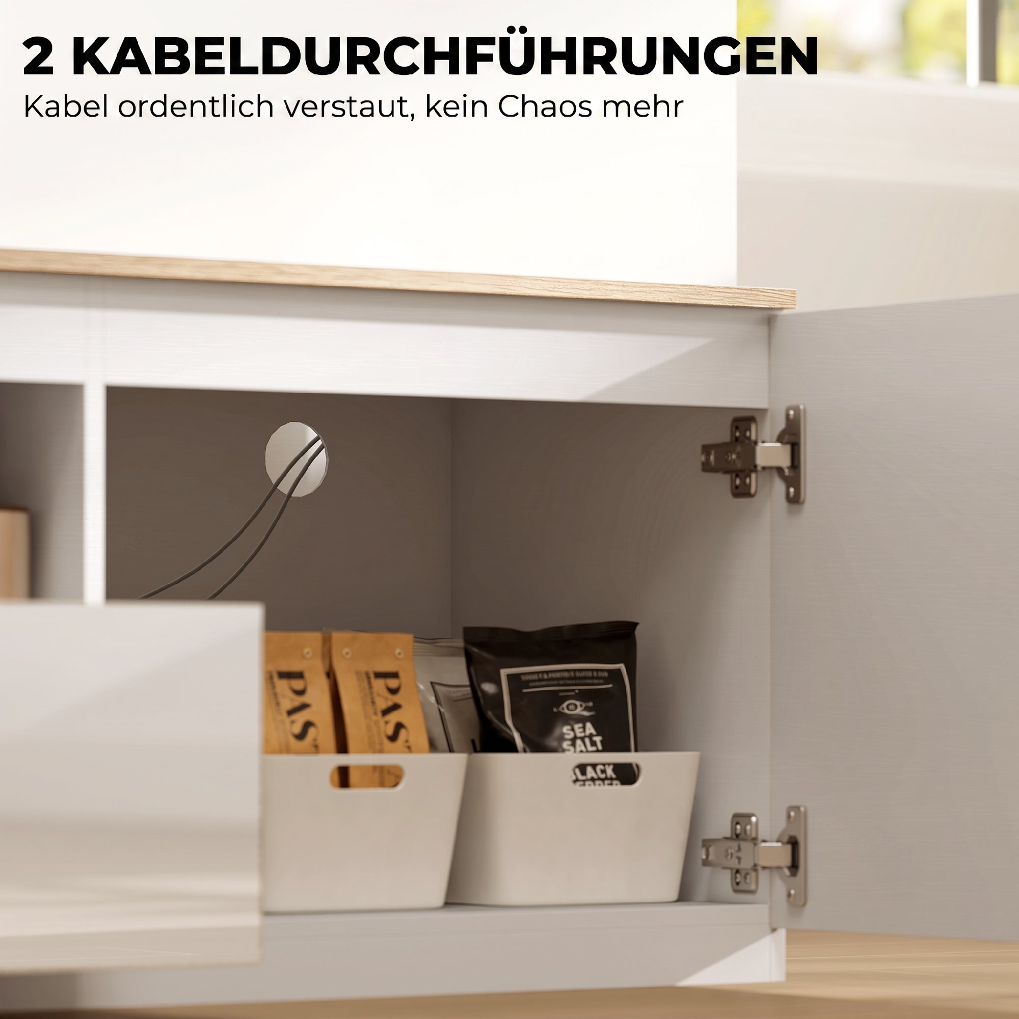 TV-Lowboard, Hochglanz, für Fernseher bis 65'', 3 Fächer, Schublade, 160 x 38 x 43 cm, Naturholz
