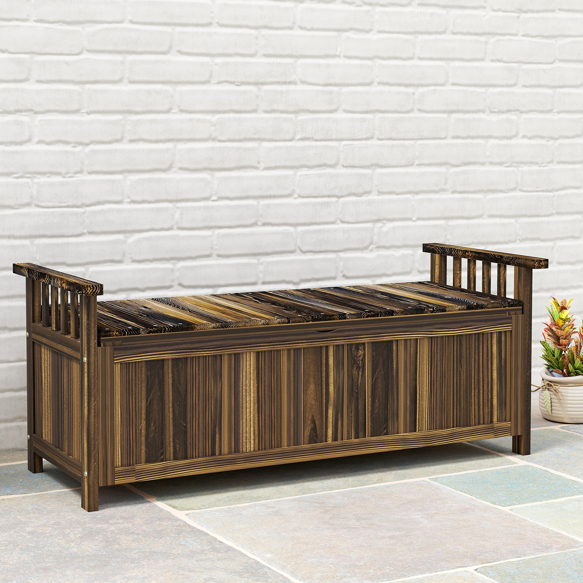 2-Sitzer Gartenbank Holz, wetterfest Sitzbank, Gartenmöbel mit Stauraum Armlehnen 128,5 x 52 x 53,5cm, Verkohlt