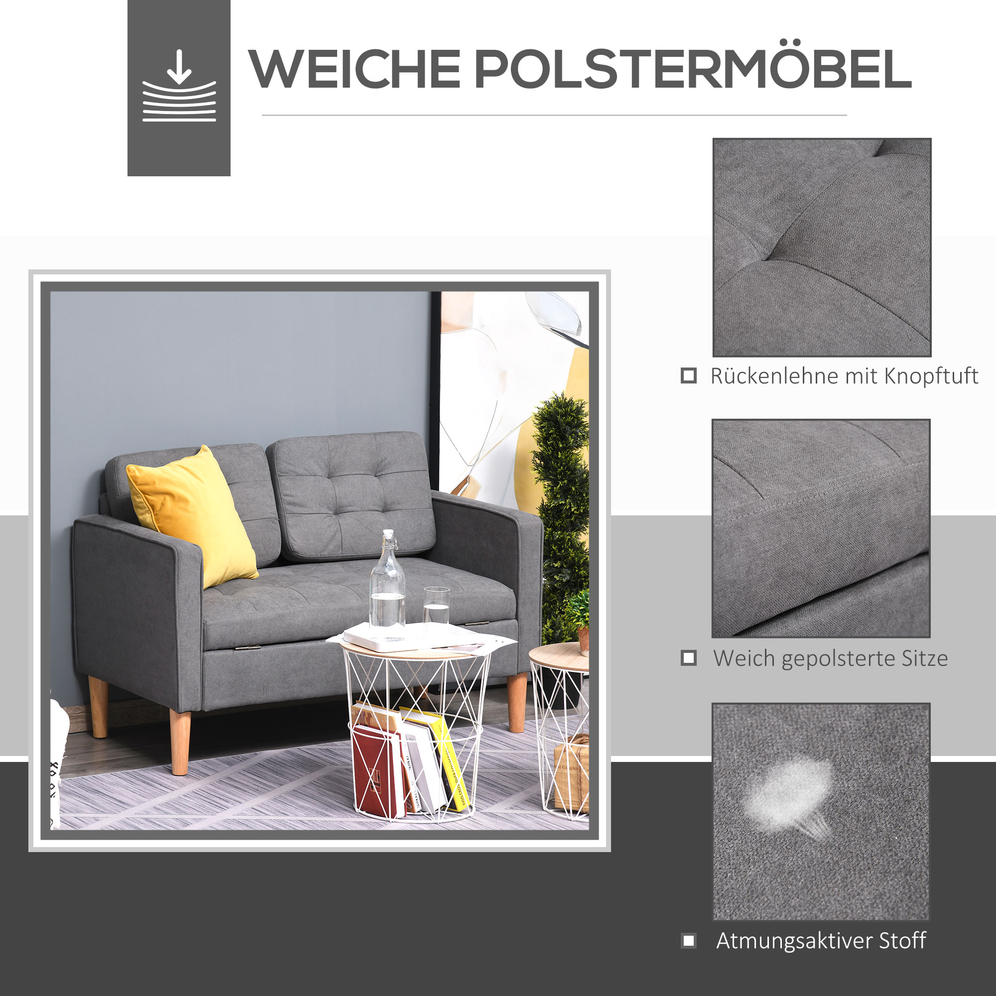 2 Sitzer Sofa, Couch mit Stauraum, Holzbeine, gepolstertes Polstersofa mit Samtoptik für Wohnzimmer, Schlafzimmer, 117x 62 x 78 cm, Grau