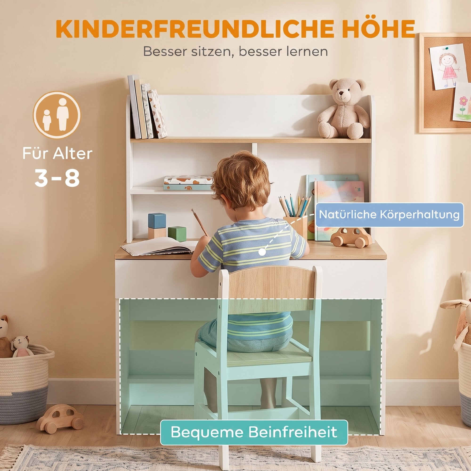 Kinderschreibtisch Kinder Schreibtisch mit Schublade Bücherregal Stauraum für Kinder 3-8 Jahre, 80 x 50 x 100 cm Weiß