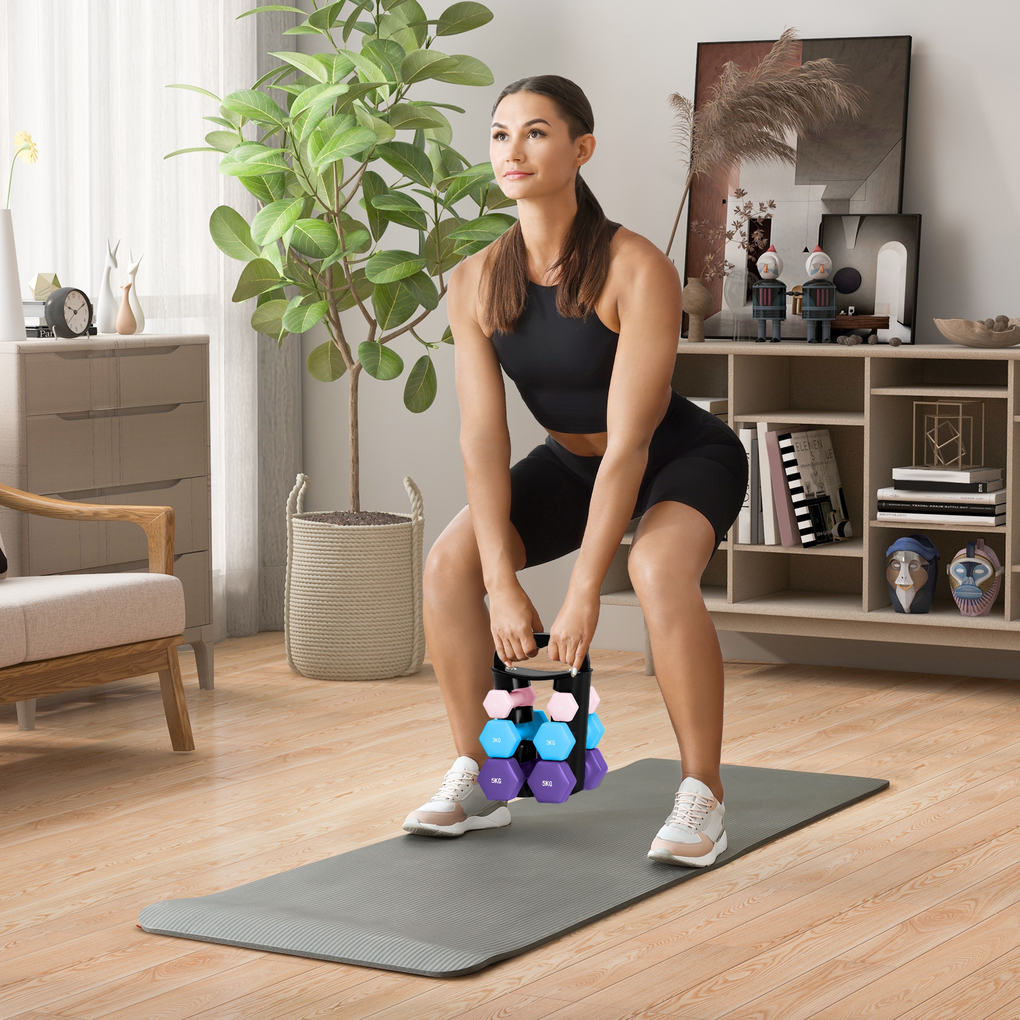 Hantelset mit Aufbewahrungsgestell, Set mit 6 Hanteln für Fitness-Training, 2 x 1kg, 2 x 3kg, 2 x 5kg