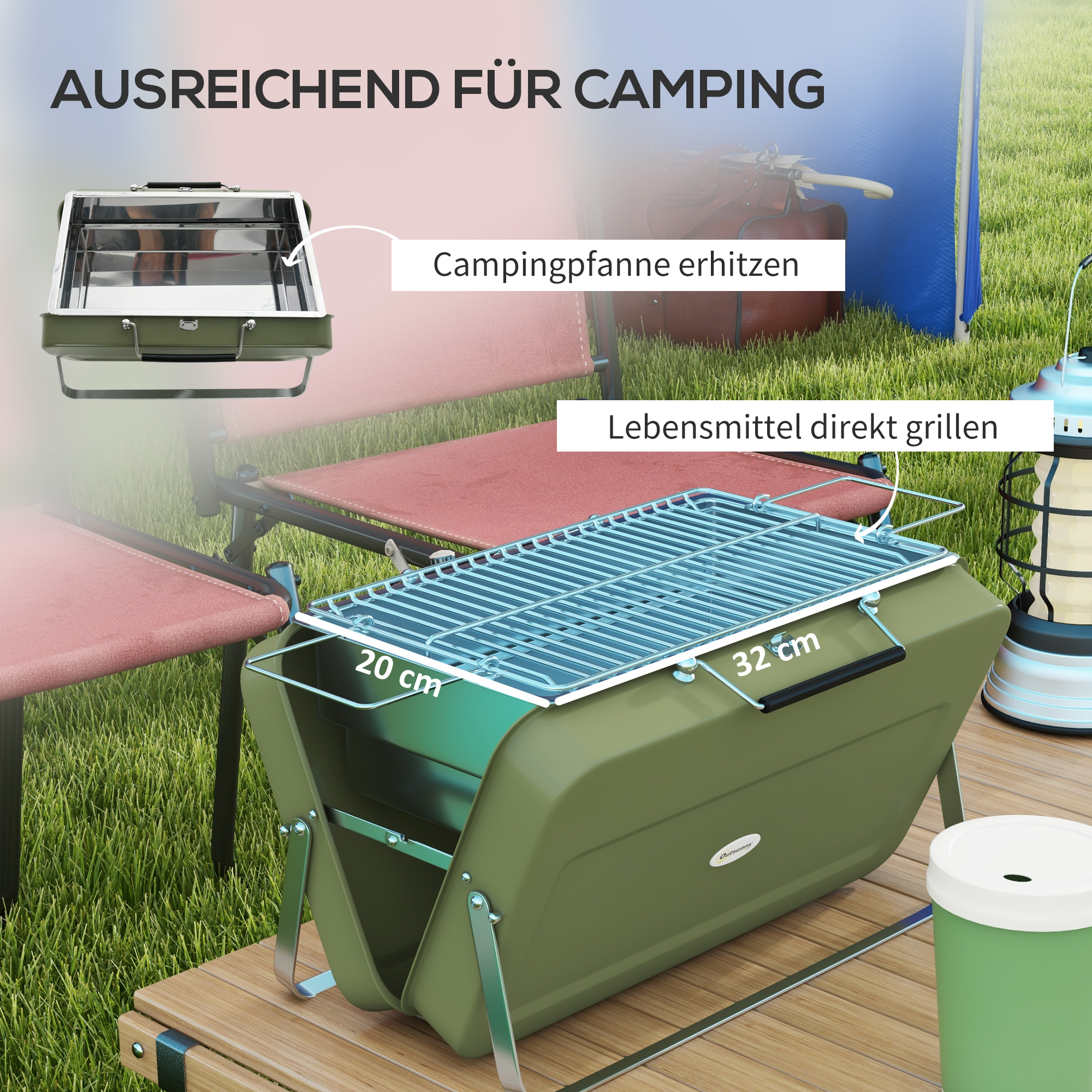 Koffergrill, Mini-Kohlegrill, klappbar, mit Kohleschale und Ascheauffangschale, Metallgehäuse, Grün