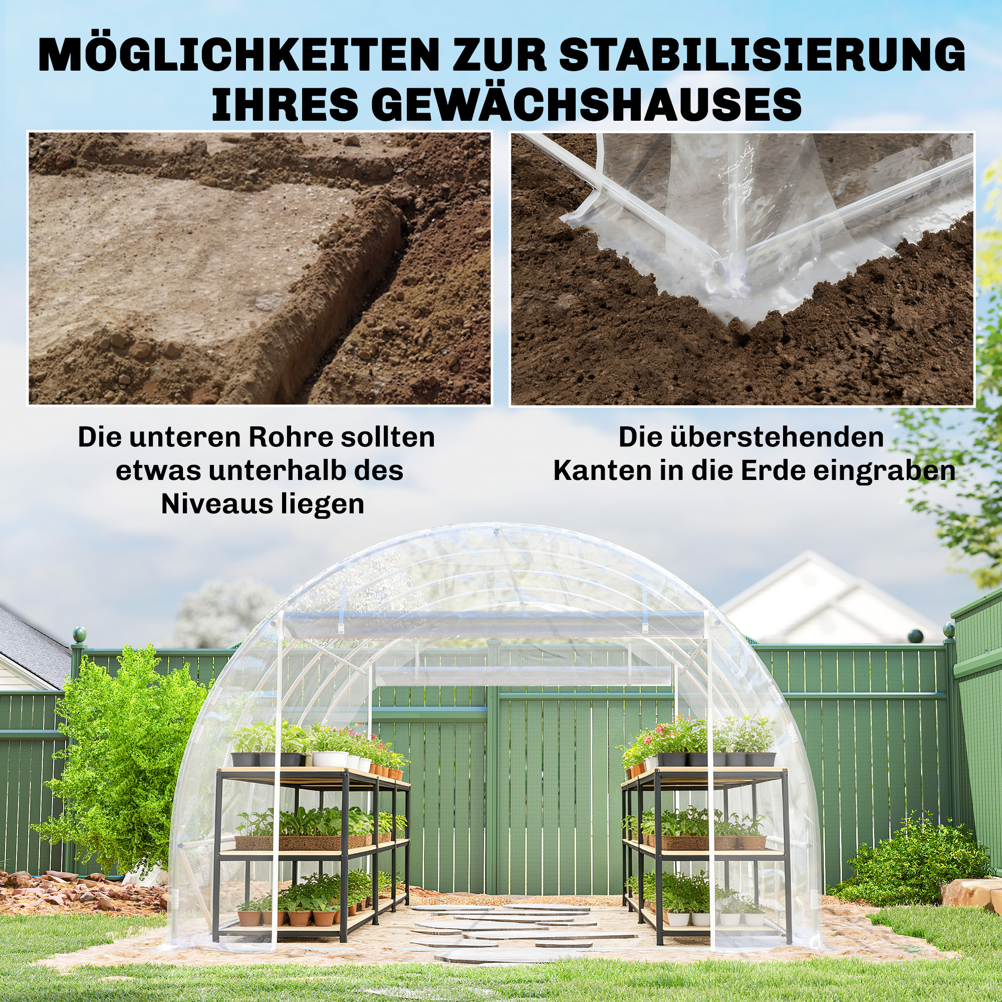 Polytunnel-Gewächshaus, begehbares Gewächshaus mit verzinktem Stahlrahmen und UV-beständiger PE-Abdeckung, transparent
