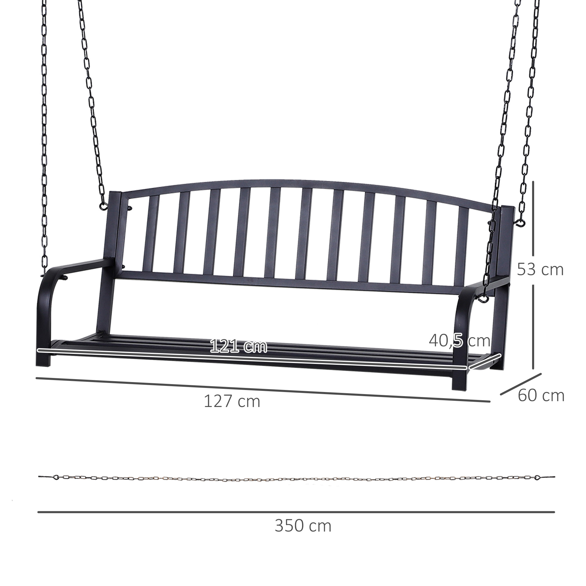 Hängebank 2-Sitzer Gartenschaukel Schaukelbank Hollywoodschaukel Schwebebank mit Ketten Metall Schwarz 127 x 60 x 53 cm
