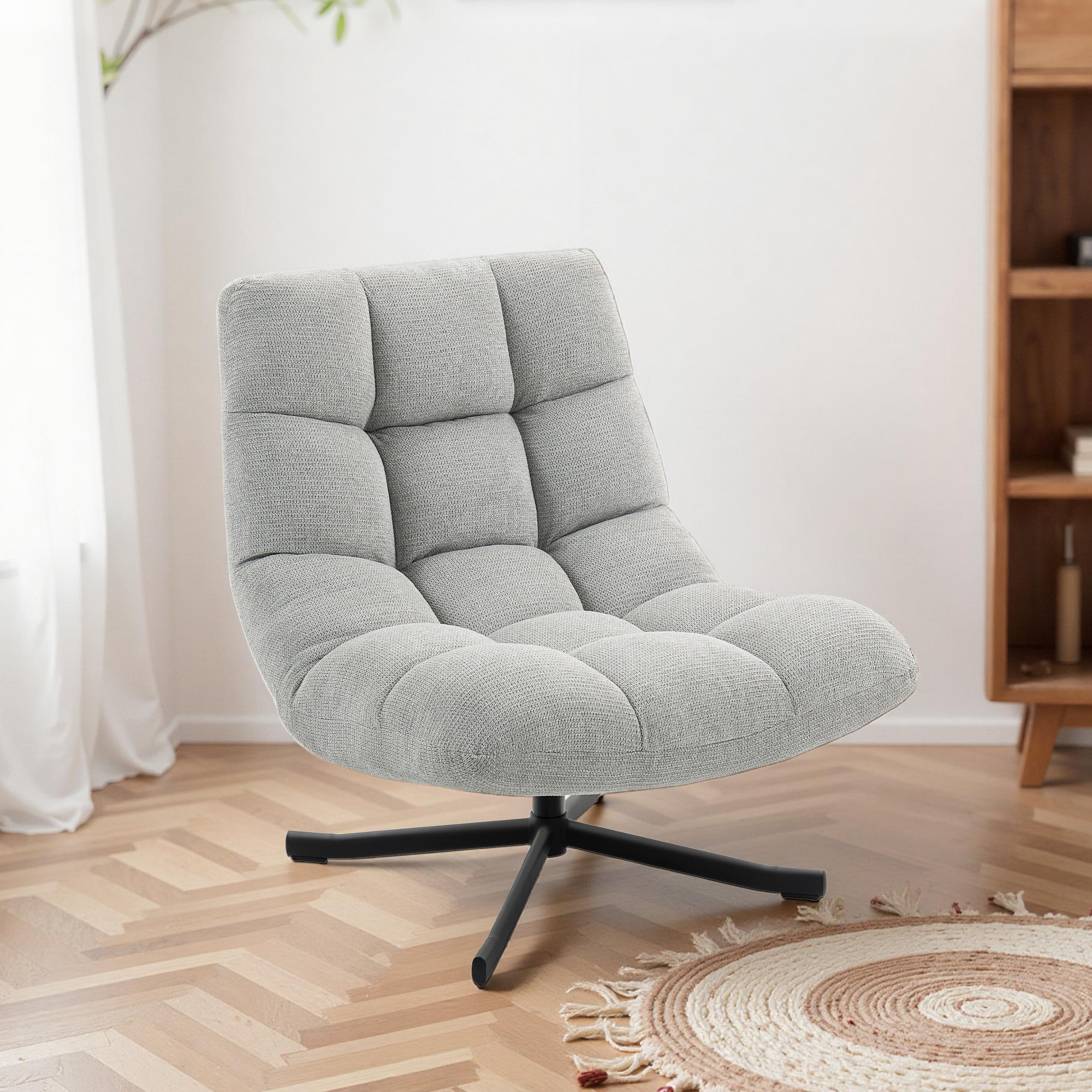 Sessel Drehbar Loungesessel mit Breiter Sitzfläche, wasserabweisend Chenille-Optik, gekreuzt Stahlbeine, Hellgrau