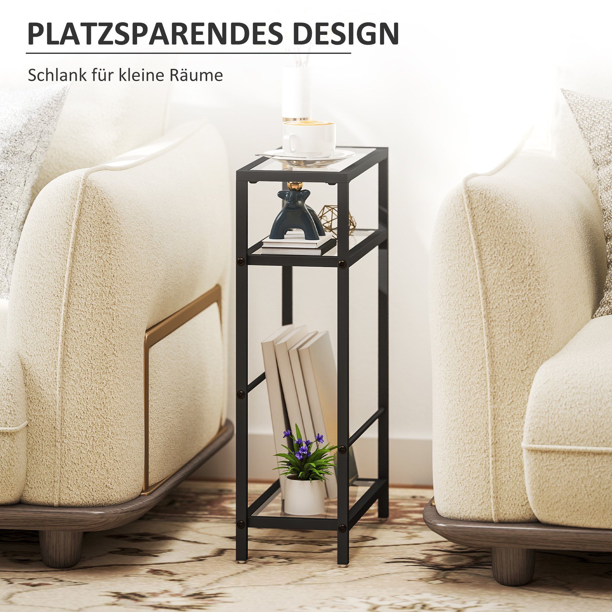 3-stufiges Regal mit Glasplatten, 18 cm breit, Stahlrahmen, Querstangen, Schwarz