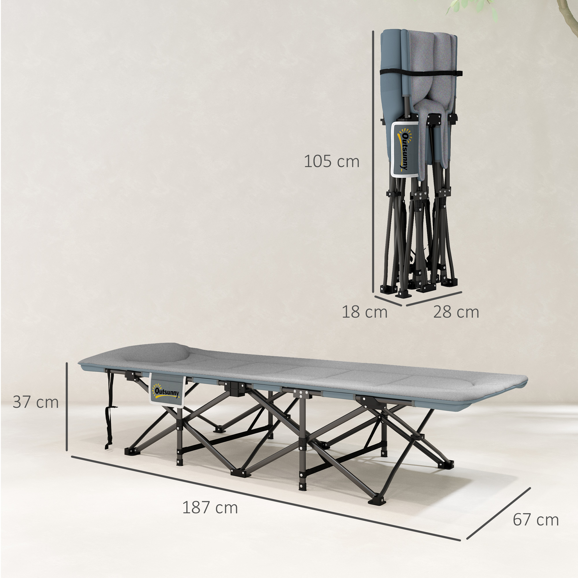 Feldbett faltbar Campingbett mit Matratze Kopfkissen Seitentasche 187 x 67 x 37 cm Gästebett bis 150 kg Grau