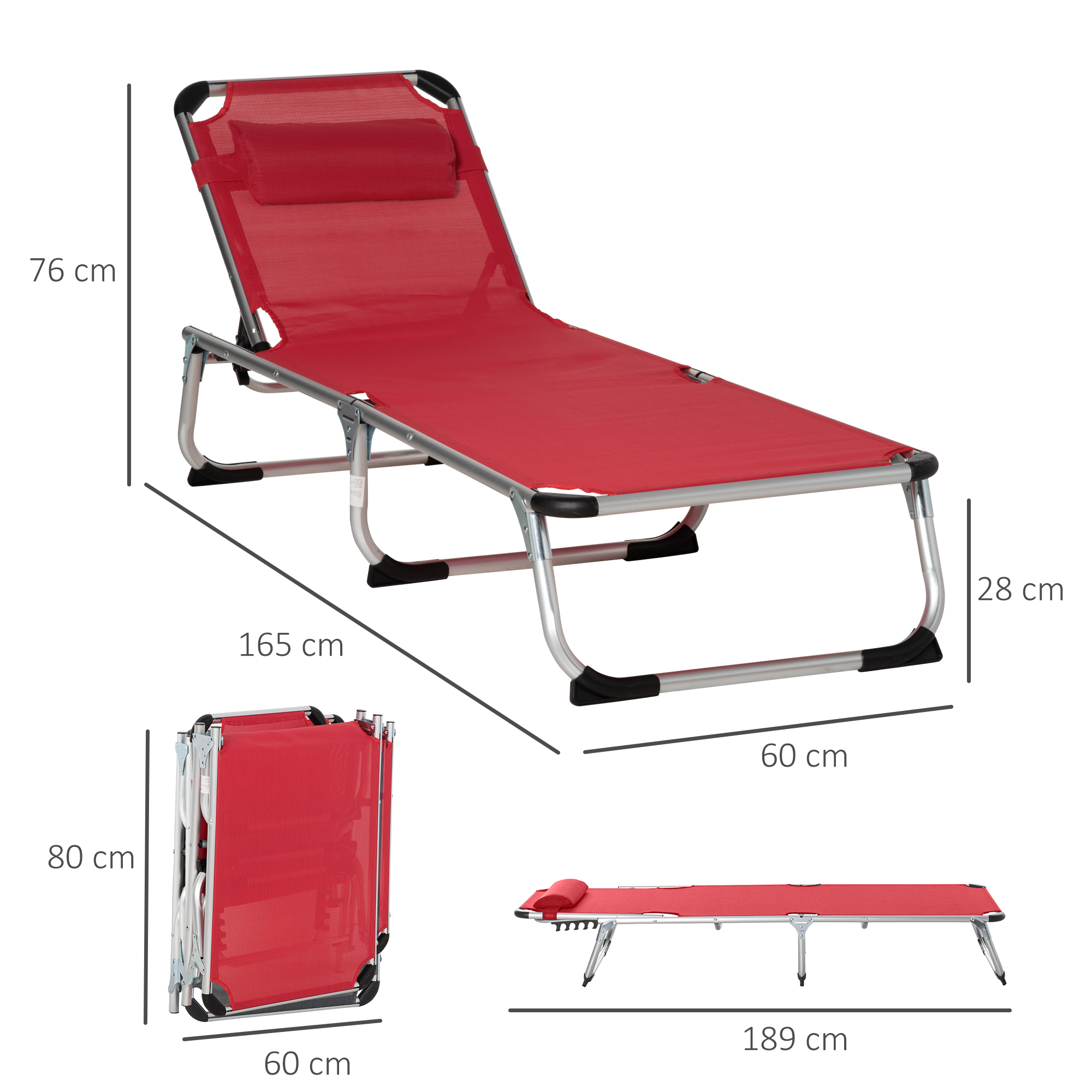 Sonnenliege faltbar Gartenliege mit Kopfkissen Liegestuhl mit der 4-stufig verstellbaren Rückenlehne Campingliege bis 120 kg belastbar für Outdoor-Park, Garten, Rot