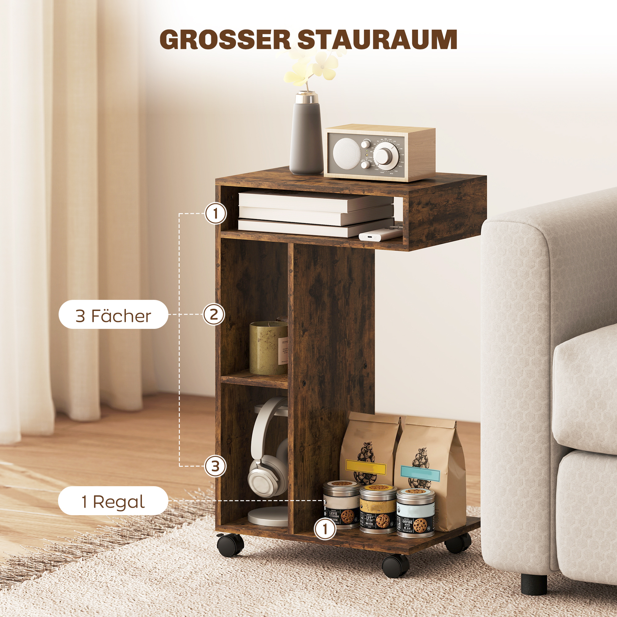 Beistelltisch, C-förmiger Servierwagen, 4 Rollen, 3 Fächer, 40 x 30 x 69 cm, Rustikal-Braun