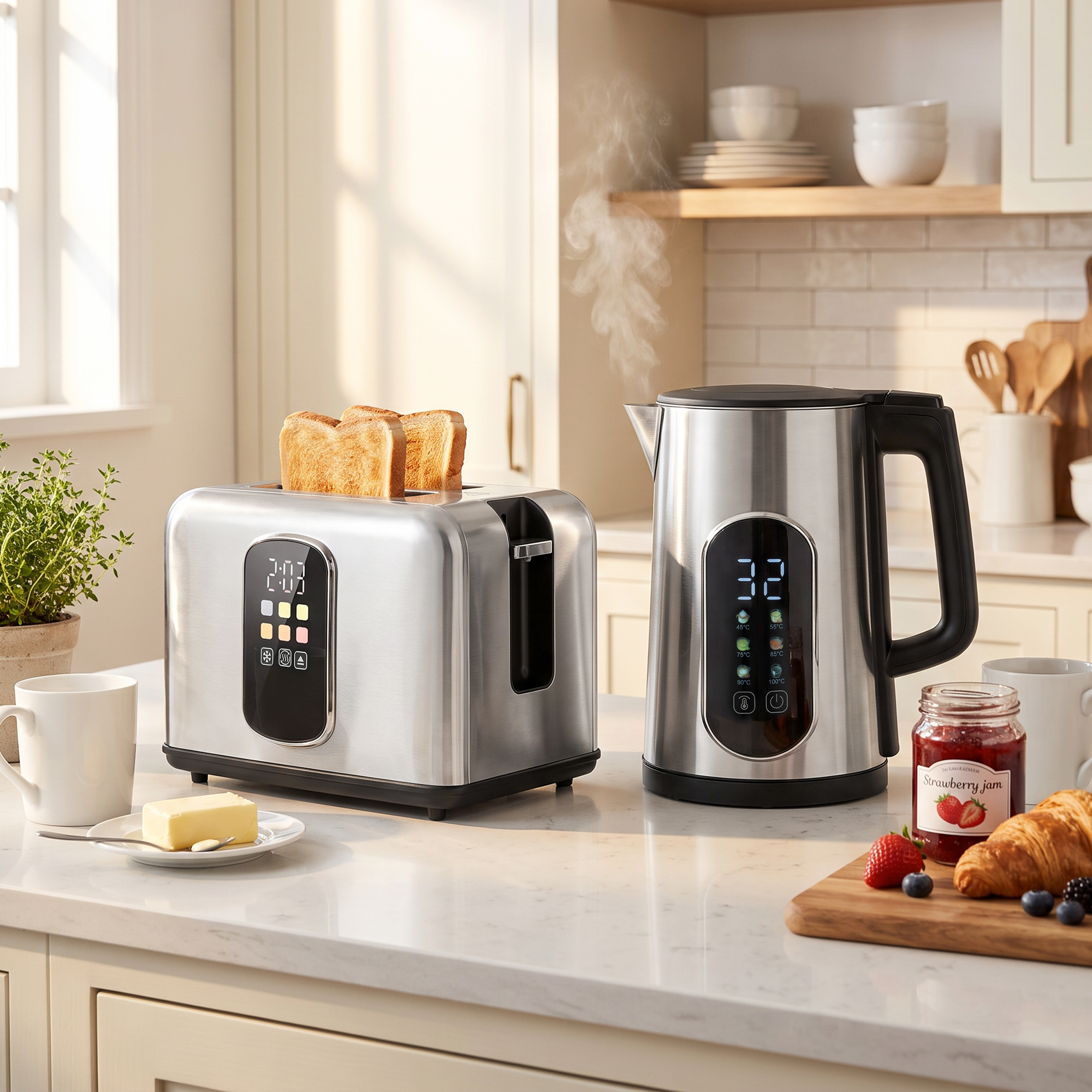 1,5-l-Wasserkocher, 2200 W, mit LED-Touchscreen, 2-Scheiben-Toaster mit 6 Bräunungsstufen, Silber