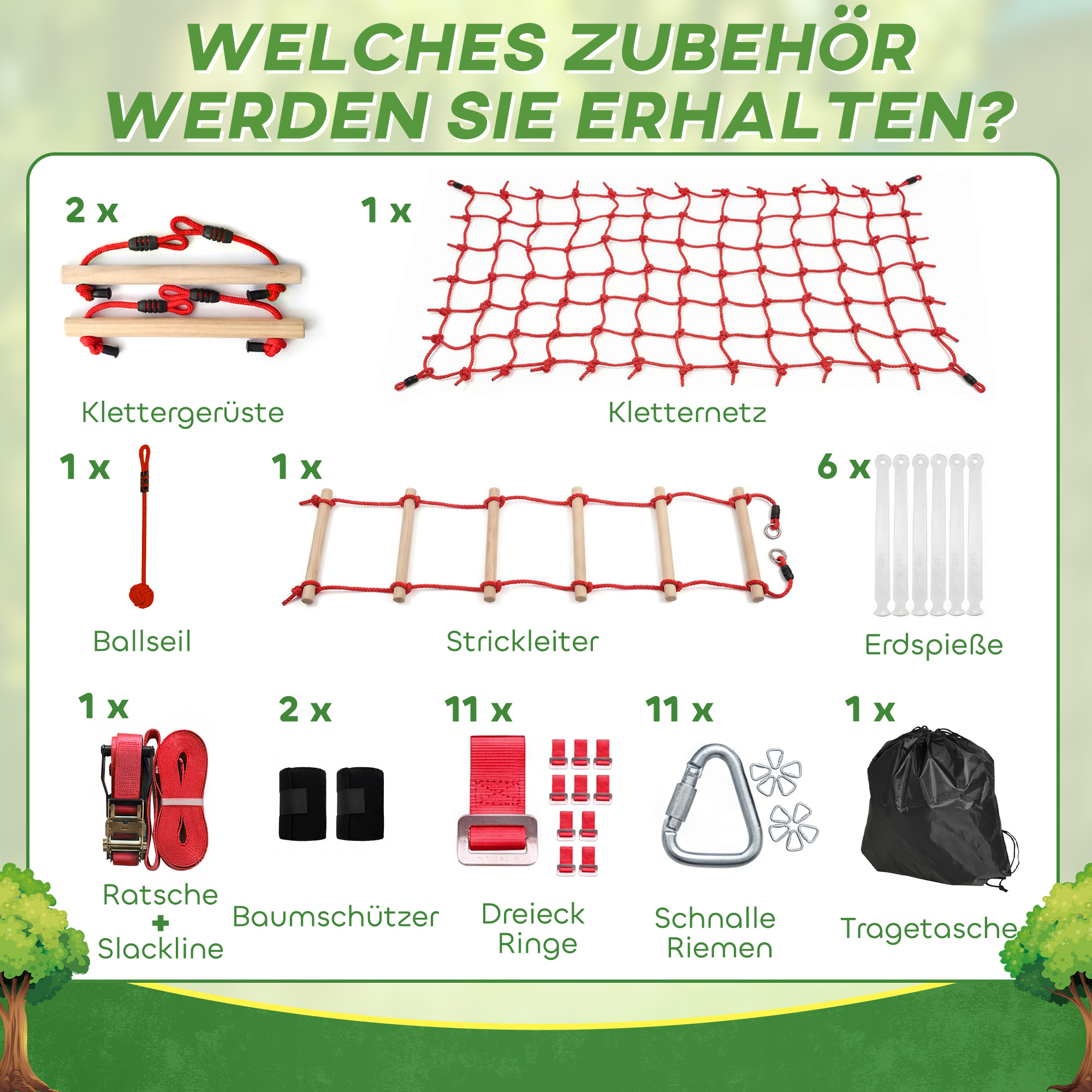 Ninja Line Kinder 10m Slackline Set mit Turnringe Schaukel Kletterleiter Kletternetz für 3-6 Jahre 1000x300x180 cm Rot
