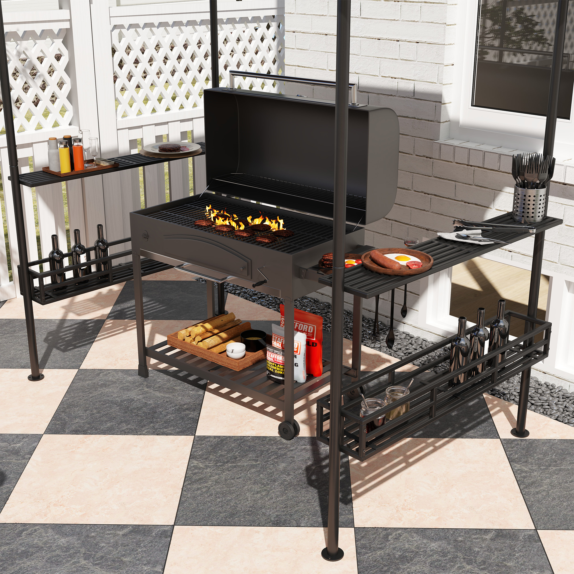 Grill-Zelt, BBQ-Zelt, Gartenpavillon mit 2 Regalen, Aufbewahrungskörbe, Haken, für Terrasse, Beige
