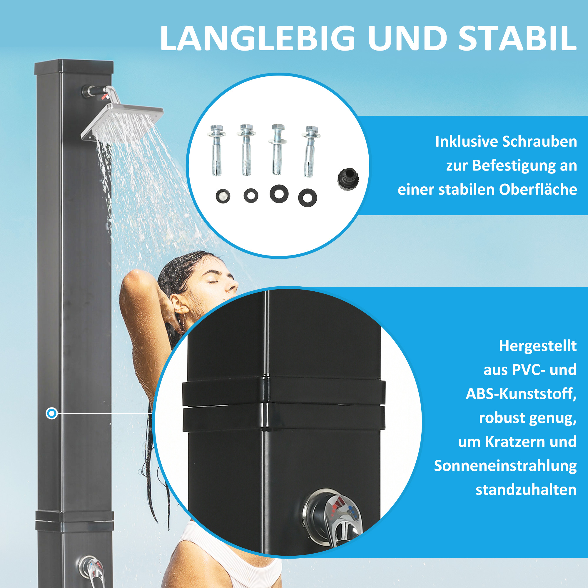 Solardusche, um 360° drehbarer Duschkopf, Fußdusche, Wassererhitzung bis 60° C, schwarz, 19 x 20 x 217 cm