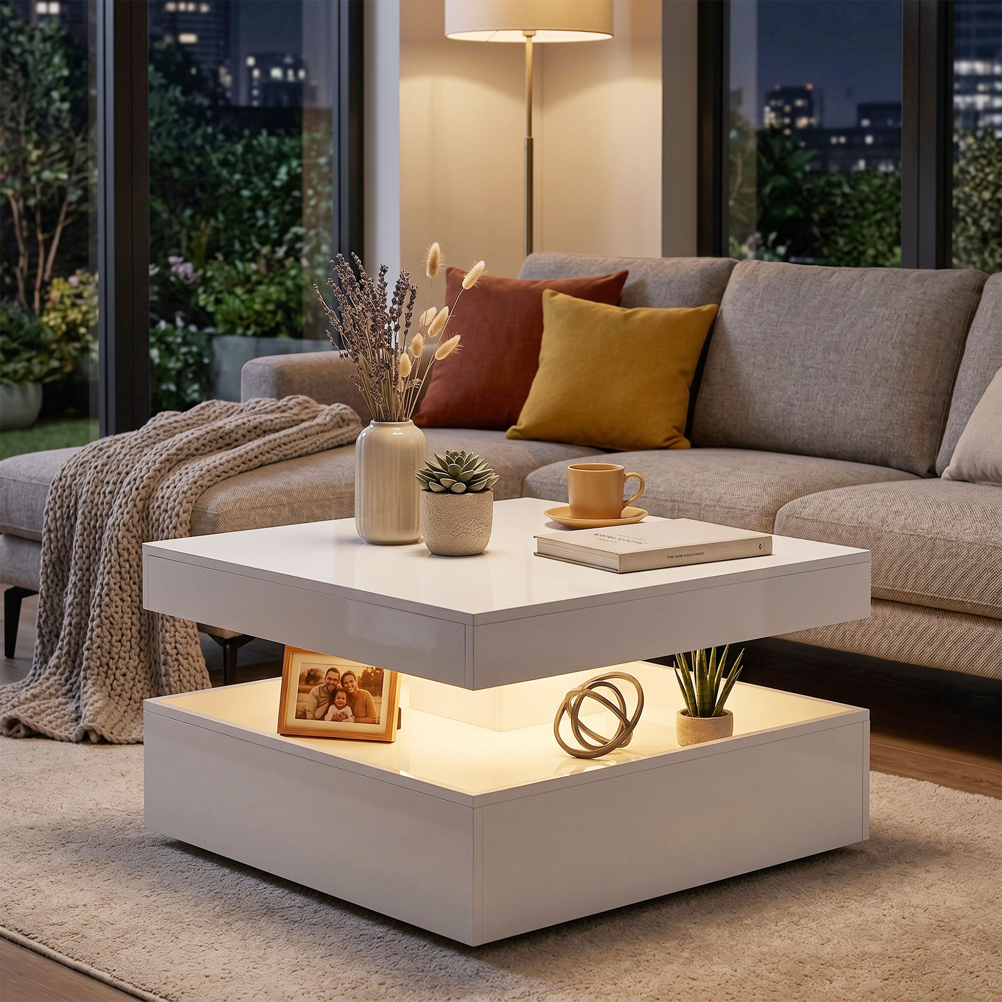 LED-Couchtisch mit Stauraum, 2-stufiger moderner Tisch mit offener Ablage und Fernbedienung, Hochglanz Weiß