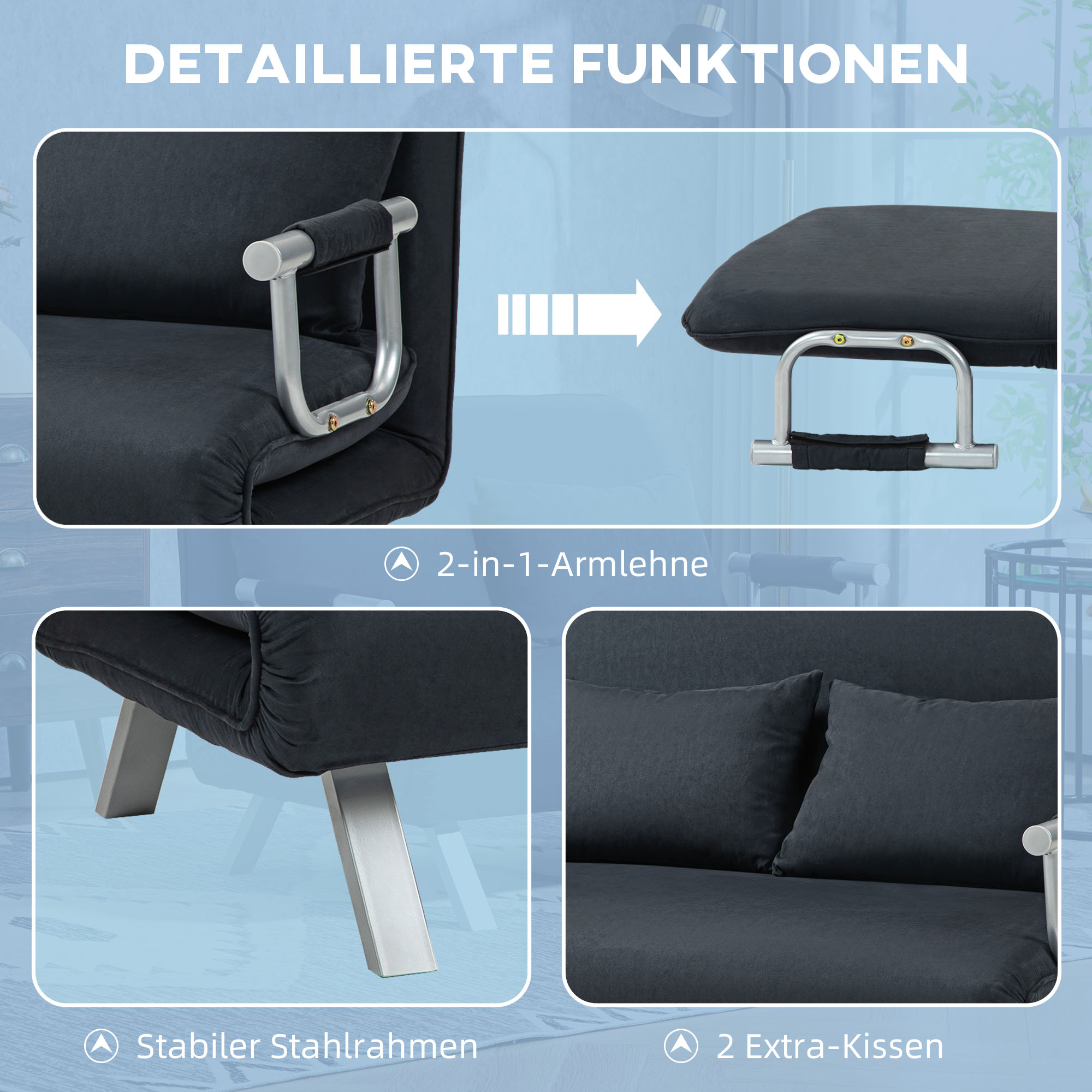 Schlafsofa, 5-fach verstellbar, Wildlederimitat, Stahlrahmen, inkl. Kissen, Schwarz