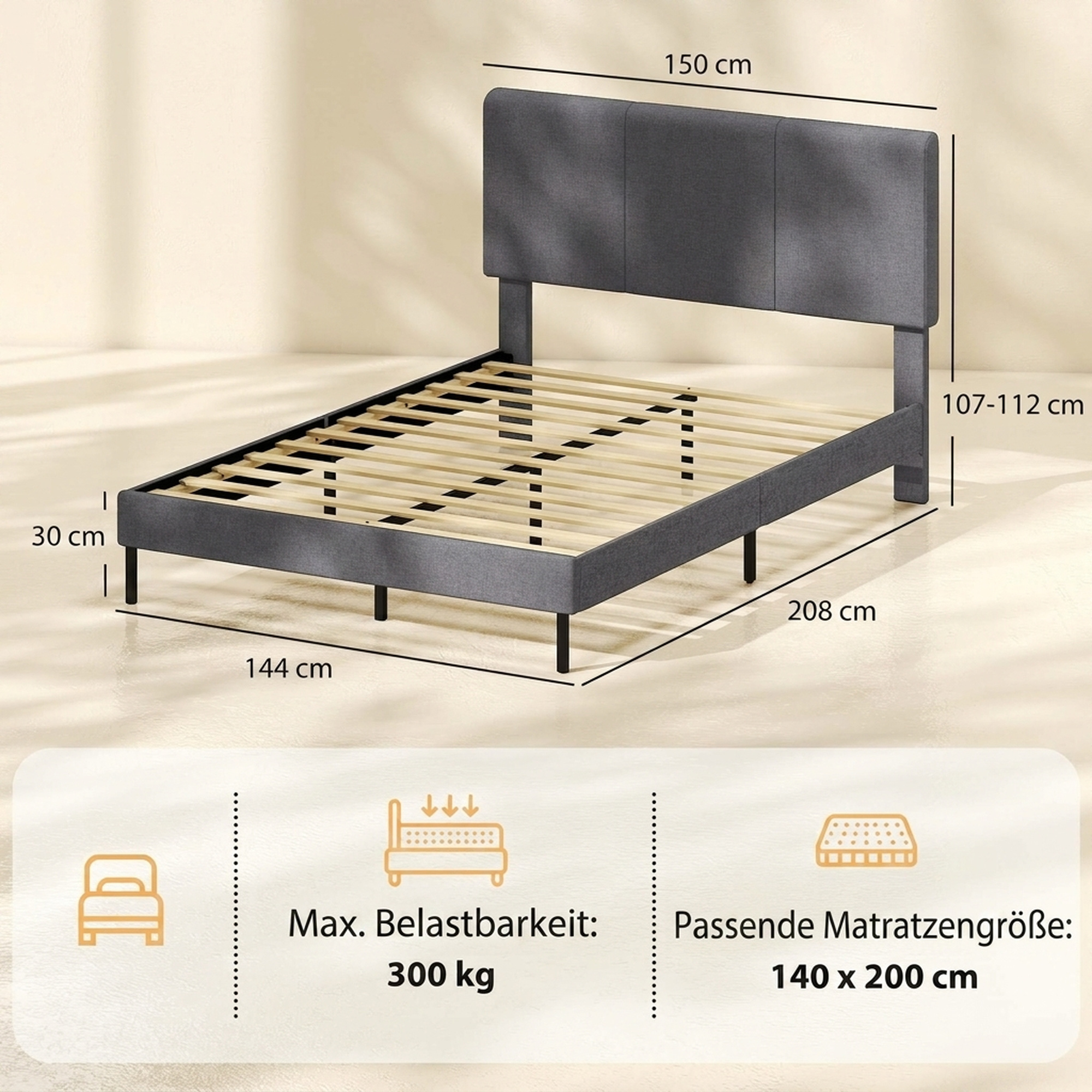 Bettgestell 140 x 200 cm mit verstellbarem Kopfteil, gepolstertes Bett in Leinenoptik mit 12 Latten