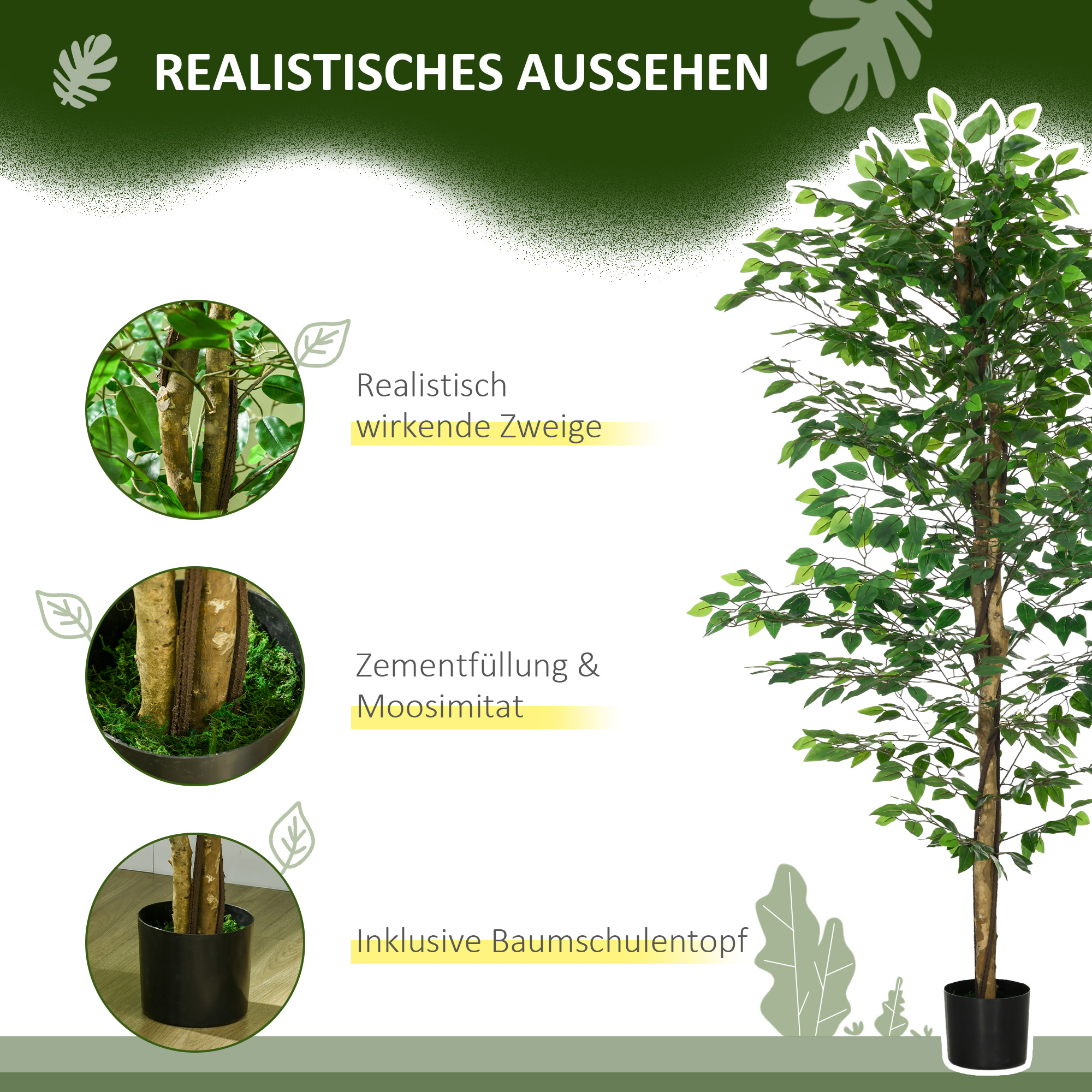 künstlicher Ficus-Baum, realistisch, pflegeleicht, inkl. Topf, 180 cm hoch, Grün