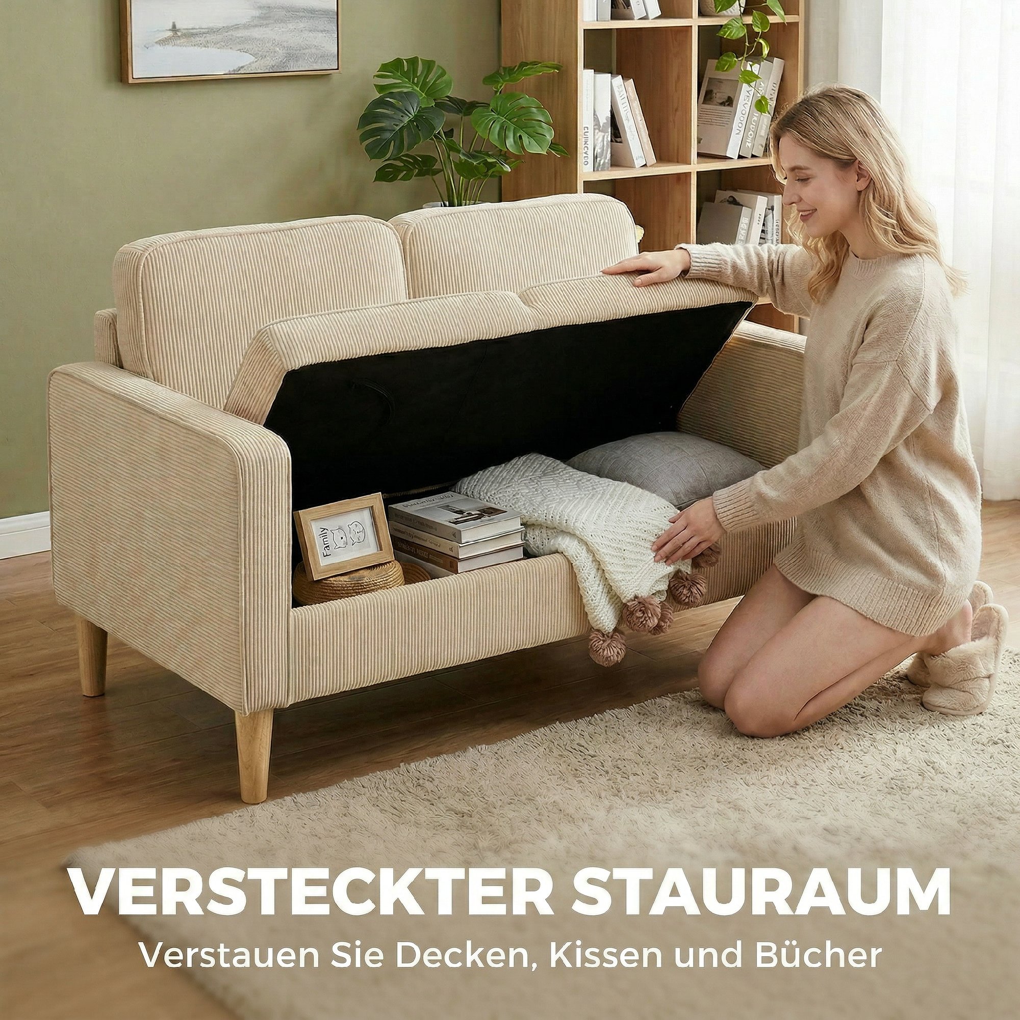 Sofa 2 Sitzer Couch mit 2 Wurfkissen, Stauraum Massivholzfüßen 117 x 63 x 79 cm Beige