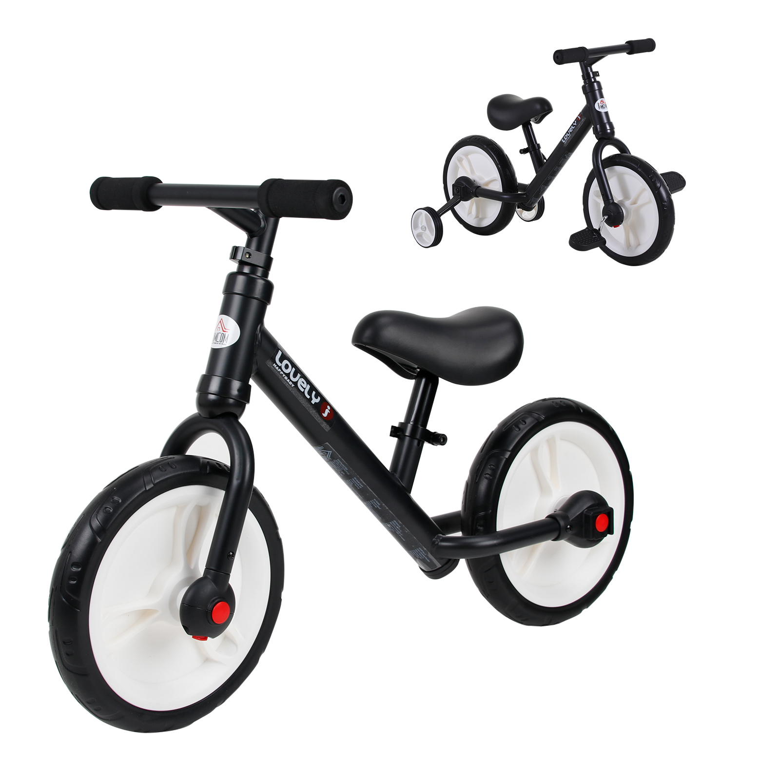 Kinder Laufrad ab 2-5 Jahre Lauflernrad mit Stützrädern, Pedalen, Höhenverstellbarem Sitz, Spielzeug Balance Bike für Kleinkinder Erste Geburtstag Geschenk, Schwarz
