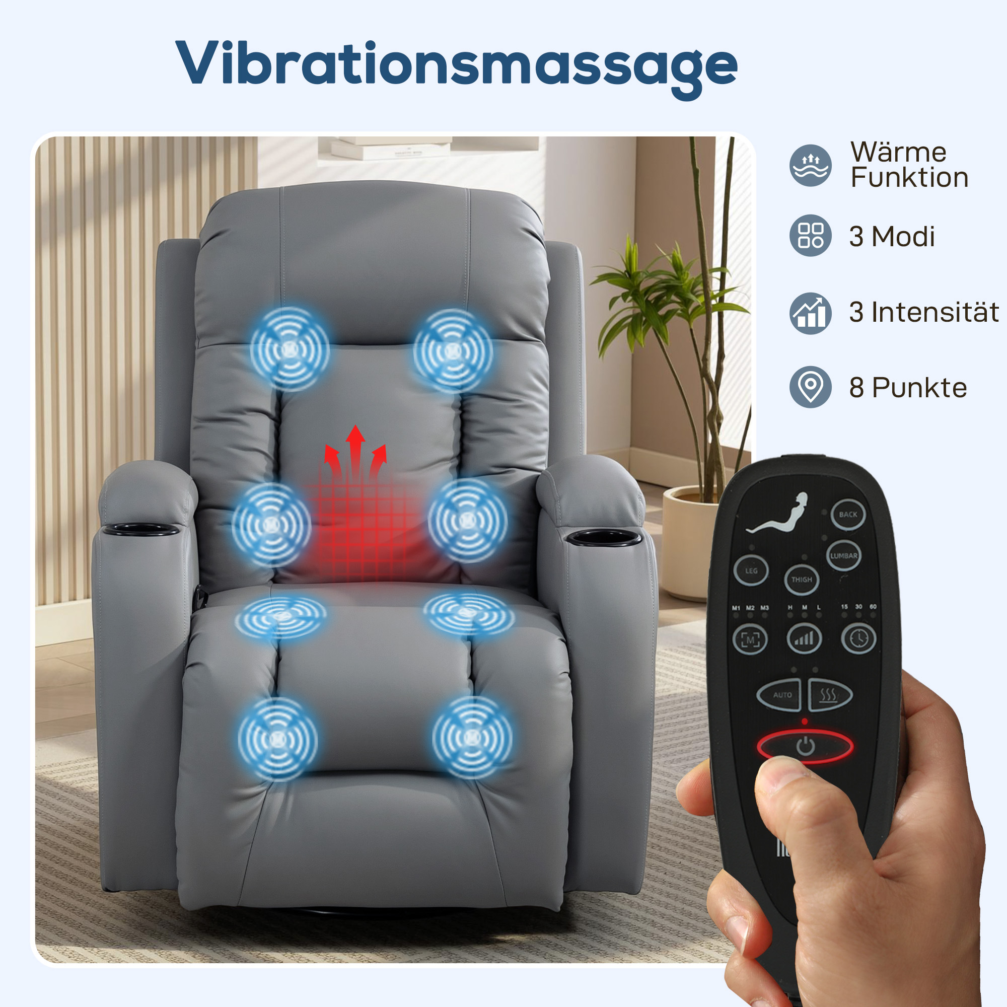 Massagesessel mit Wipp-, Liege- & Wärmefunktion, 3 Modi, drehbar, Hellgrau