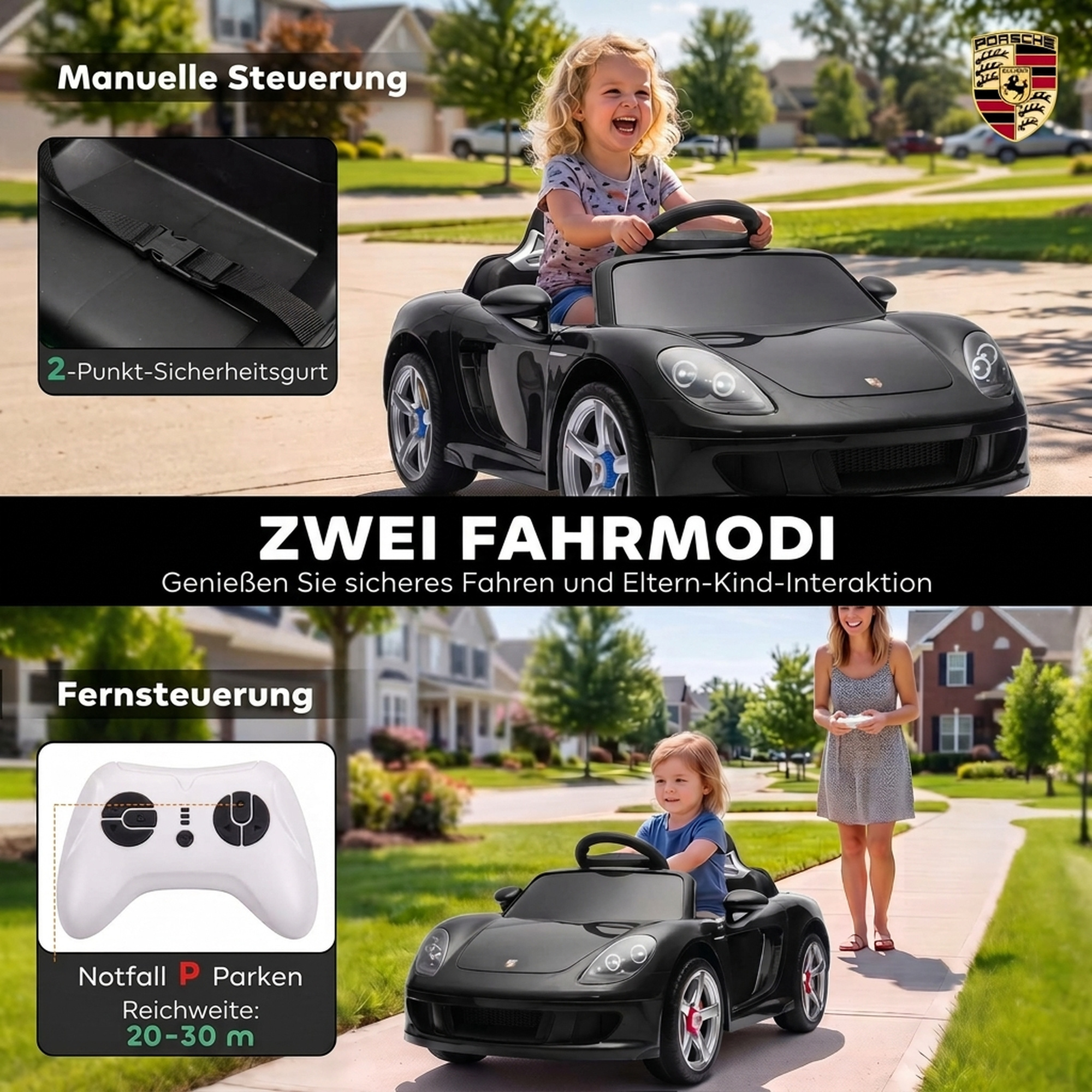 Kinder Elektroauto Porsche 12V Kinderauto mit Lithium-Akku Fernbedienung 2 Motoren Sanftanlauf Hinterradfederung