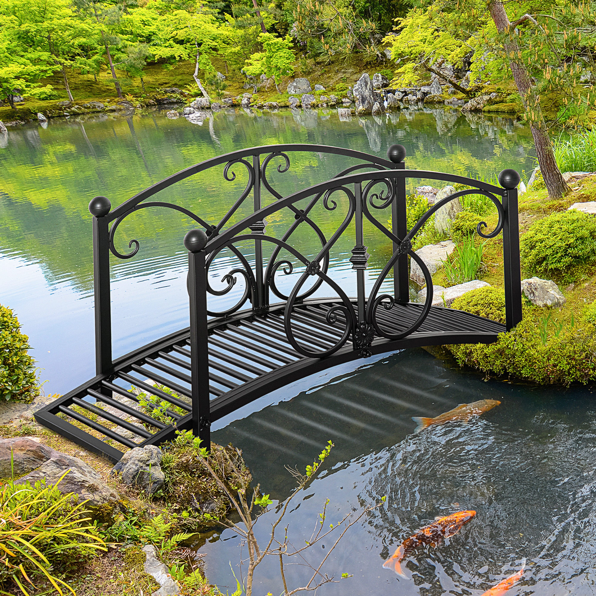 Gartenbrücke, Teichbrücke mit Sicherheitsgeländer, Zierbrücke bis 100 kg belastbar, 102 x 48 x 49 cm Schwarz
