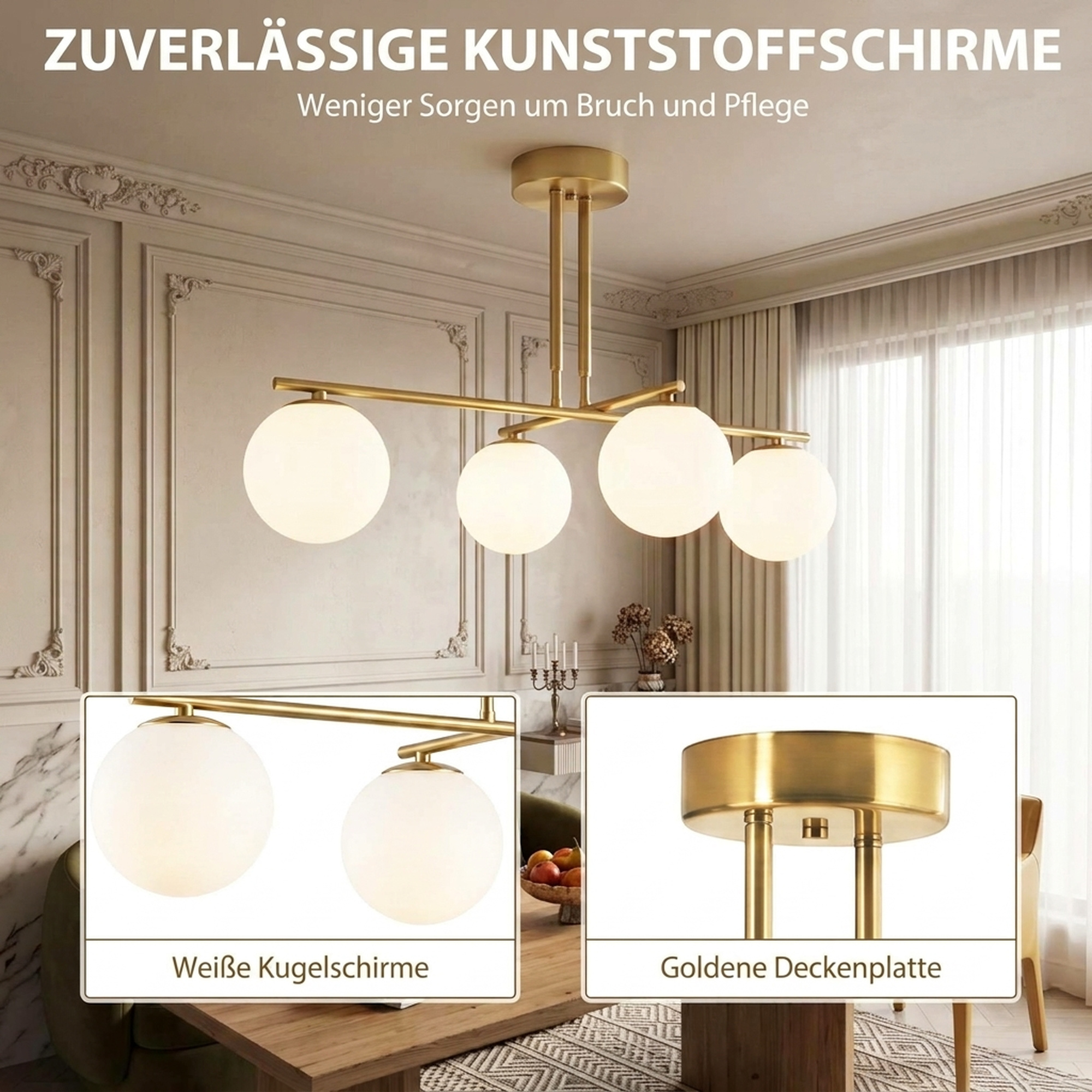 moderne Hängeleuchte mit 4 Kugelschirmen, höhenverstellbar und 350° drehbar, Weiß