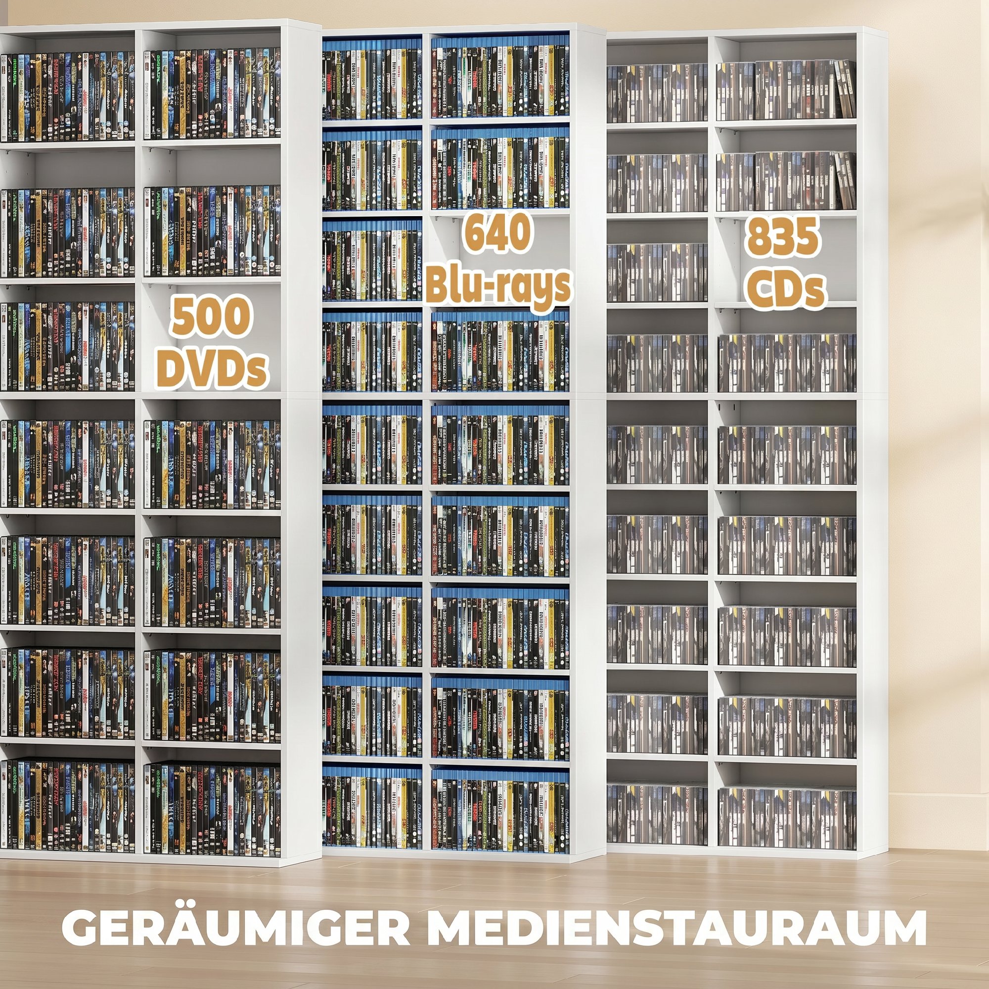 Regal für 835 CDs oder 500 DVDs, Blu-ray Medienregal mit 27 Fächern und 21 verstellbaren Einlegeböden, Weiß