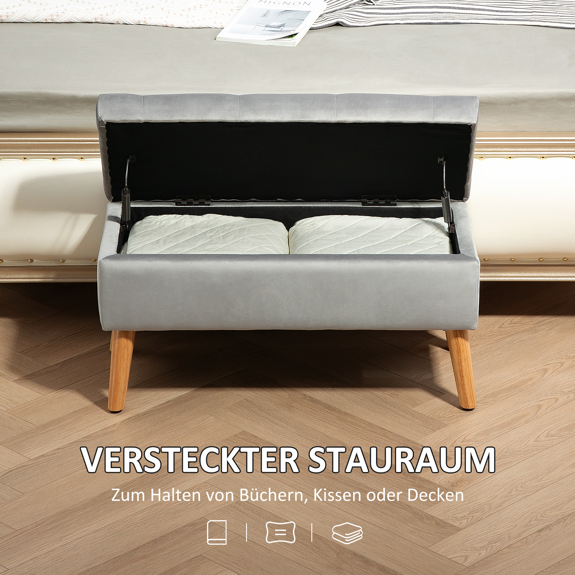 Polsterbank mit Stauraum, Stoffbezug in Samtoptik, Holzbeine, für Wohnzimmer, Schlafzimmer, Flur, 80 x 35 x 42 cm, Grau