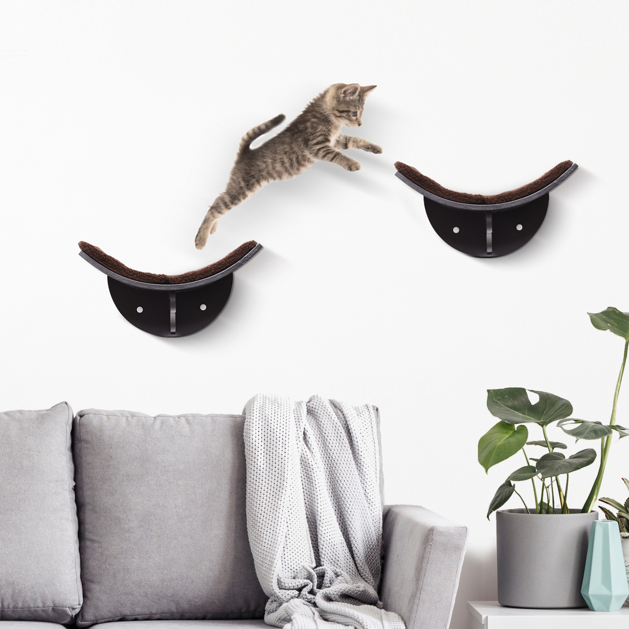 Katzenliege Katzen Wandliege Katzenbett Katzenregal Wandmontage Plüschauflage Braun 41 x 28 x 21 cm