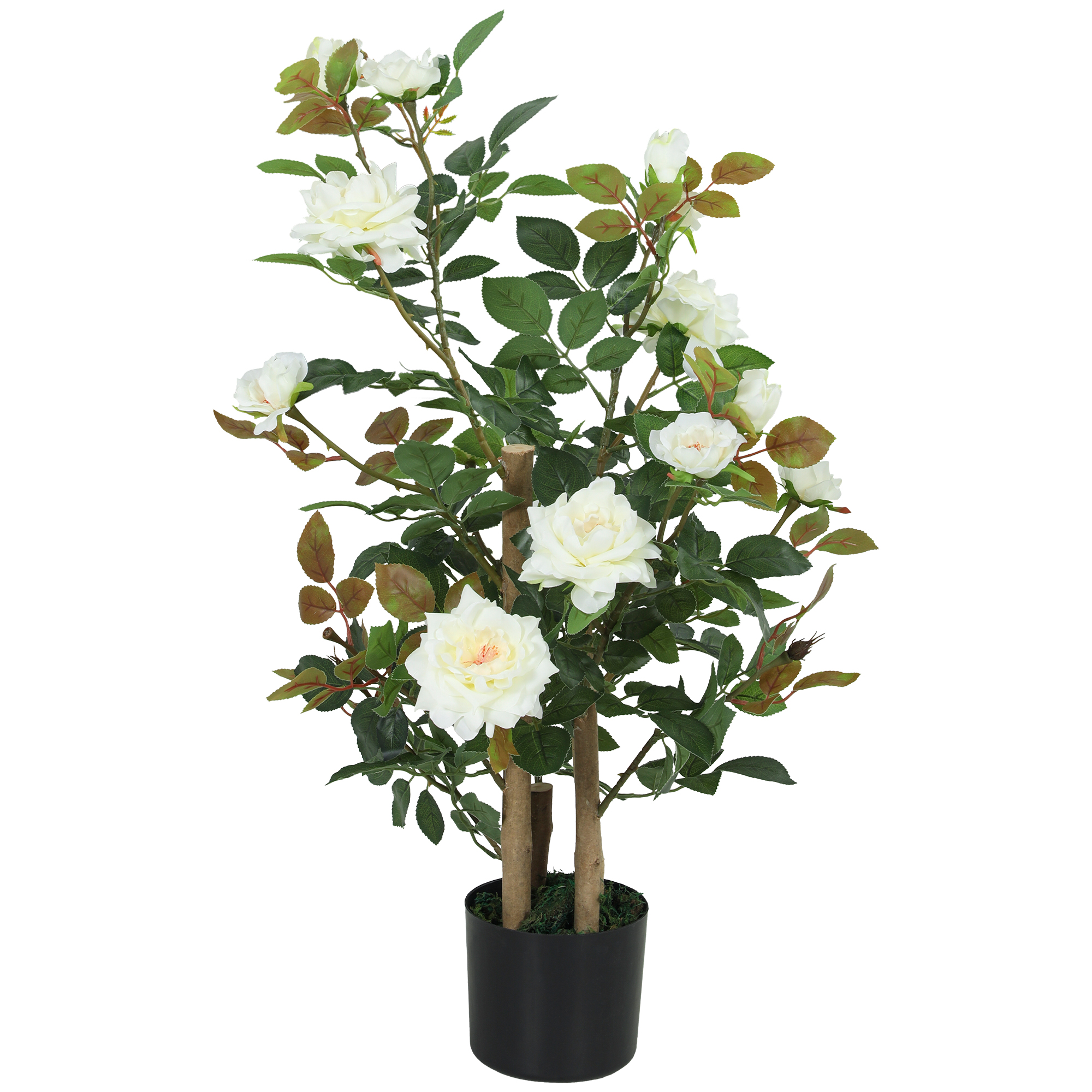 künstliche Rosenpflanzen groß 90 cm Künstliche Pflanze Kunstpflanze Rosenbaum mit UV-Schutz, Moos, im Topf, Kunstbaum wie echt für Innen- und Außen