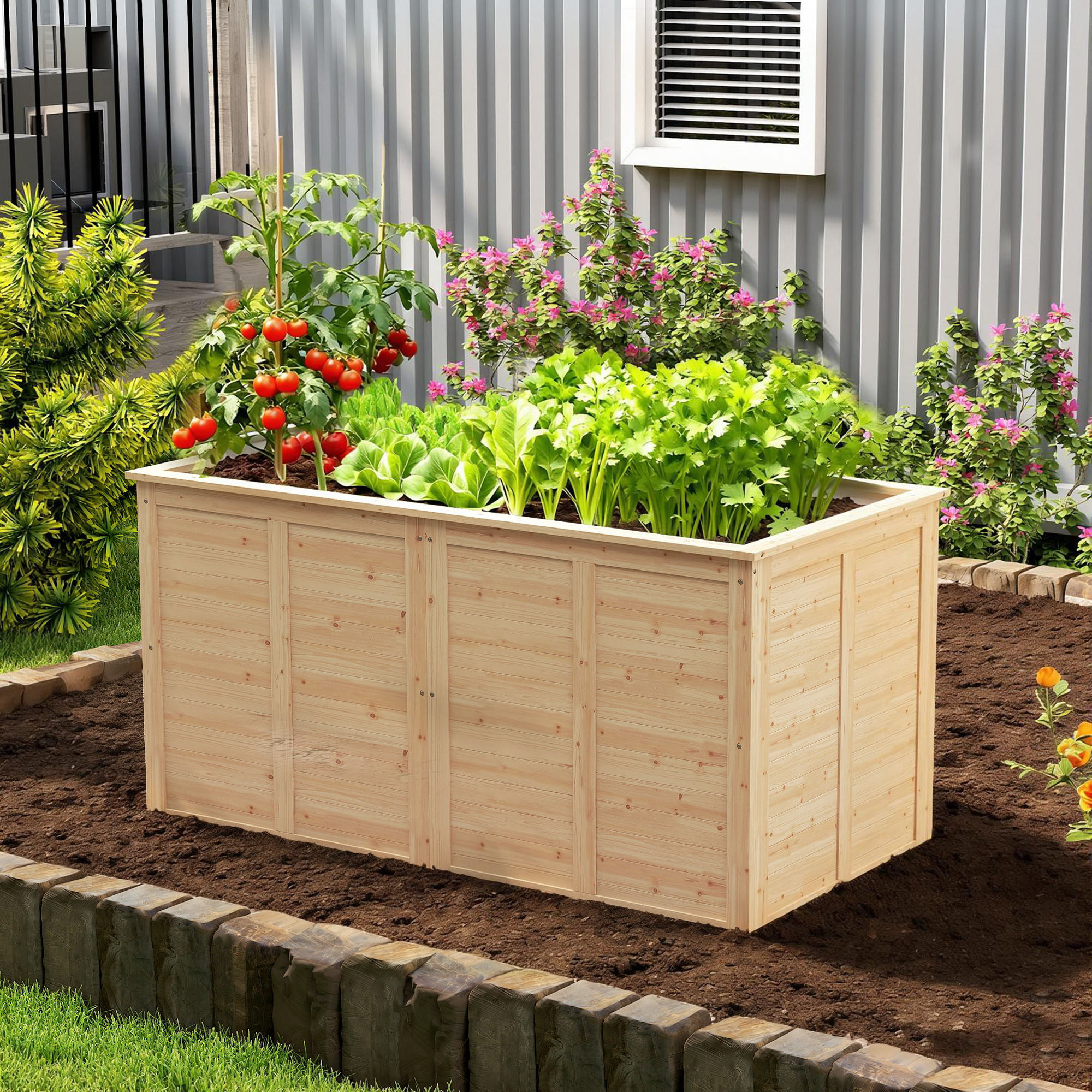 Hochbeet Holz 152 x 77 x 77 cm erhöhtes Tief Kräuterbeet mit Offenem Boden Verstärkungsstangen