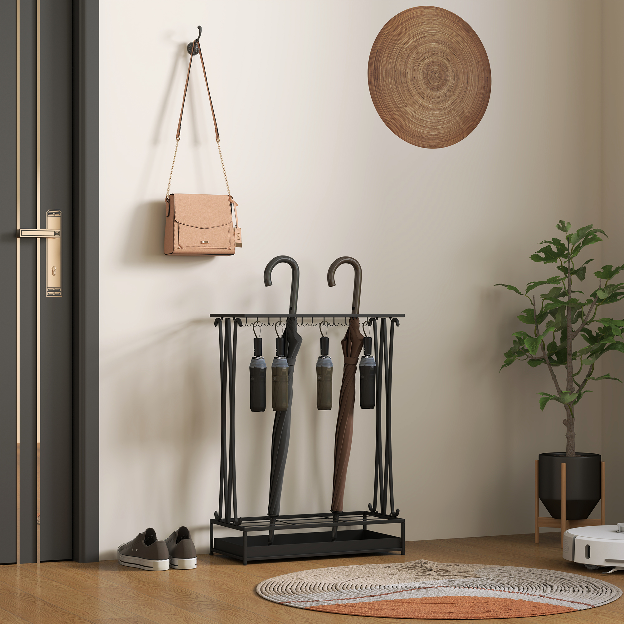 Schirmständer mit herausnehmbarer Tropfwasserschale, Regenschirmständer mit 21 Öffnungen und 24 Haken, Stahl, Schwarz