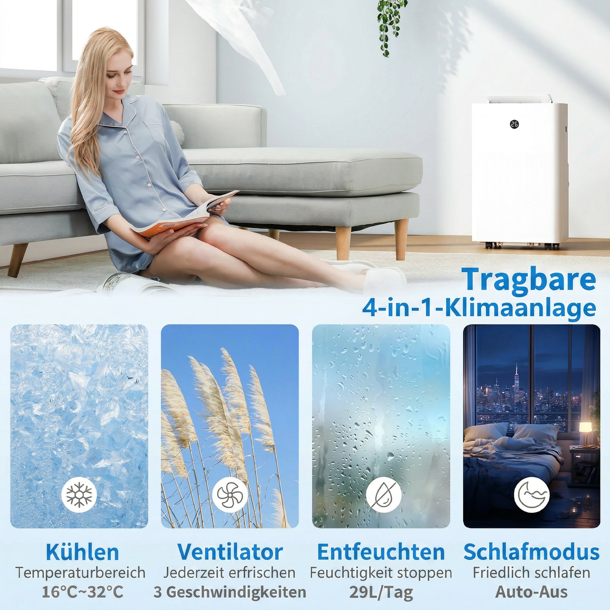 tragbares Klimagerät mit 12.000 BTU, 4-in-1 Klimaanlage mit WiFi- und Sprachsteuerung, Kühlung, Entfeuchter, Ventilator, Schlafmodus