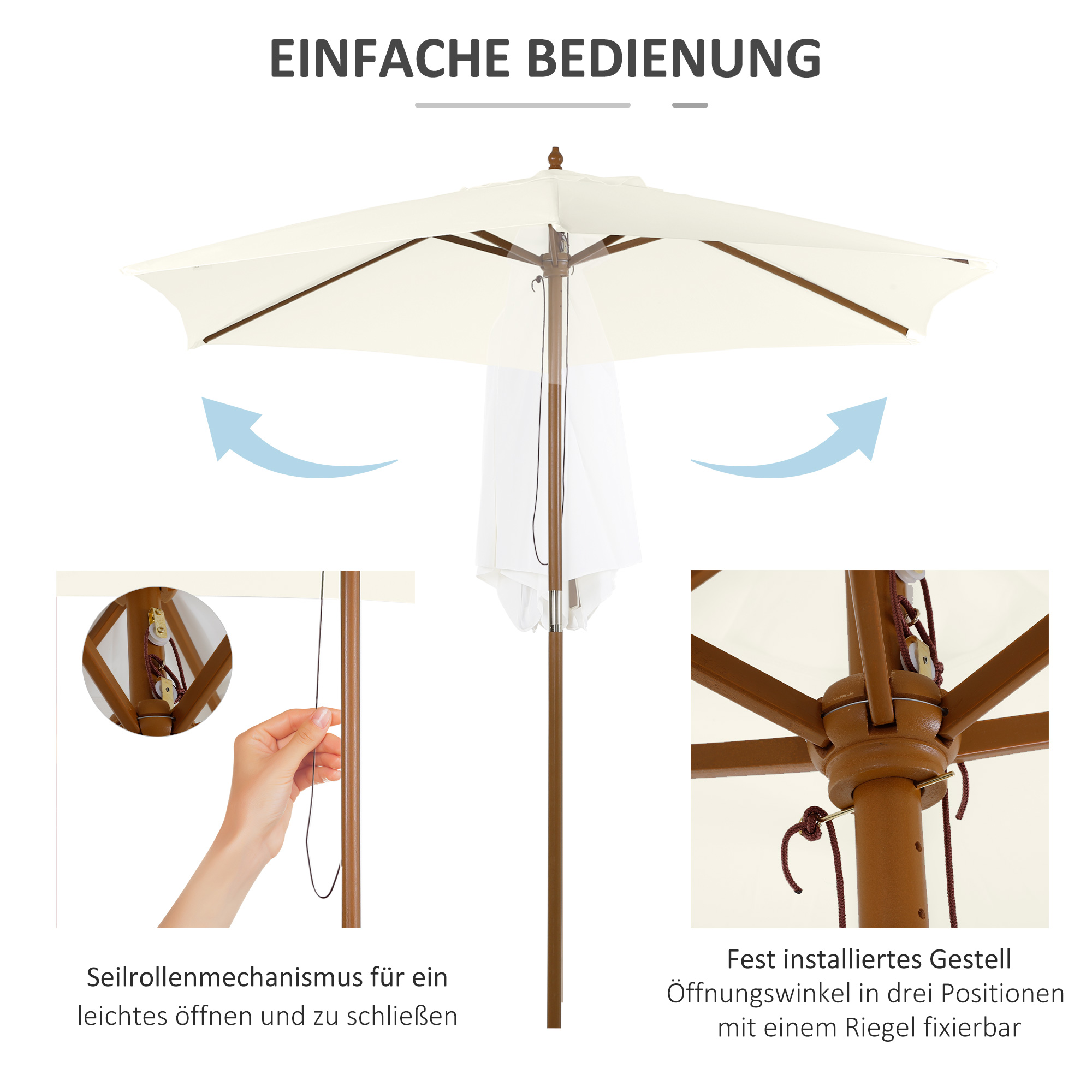 Sonnenschirm Ø 250 cm, Sonnenschirm mit Seilzugmechanismus Balkonschirm Strandschirm aus Bambus windfest Marktschirm Sonnenschutz für Balkon Terrasse Garten, Weiß