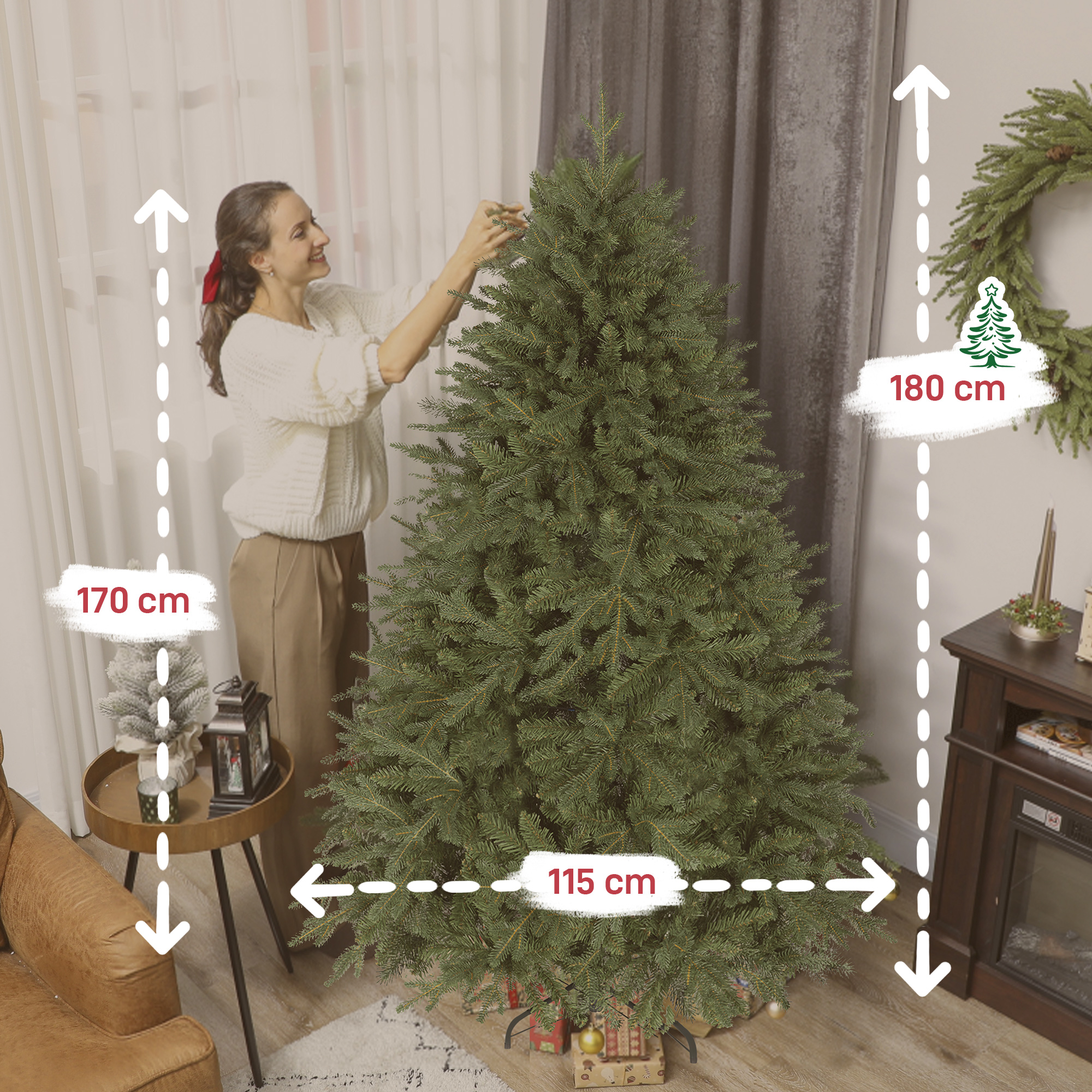Künstlicher Weihnachtsbaum 180 cm Kiefernbaum künstlich mit 3026 Spitzen für drinnen