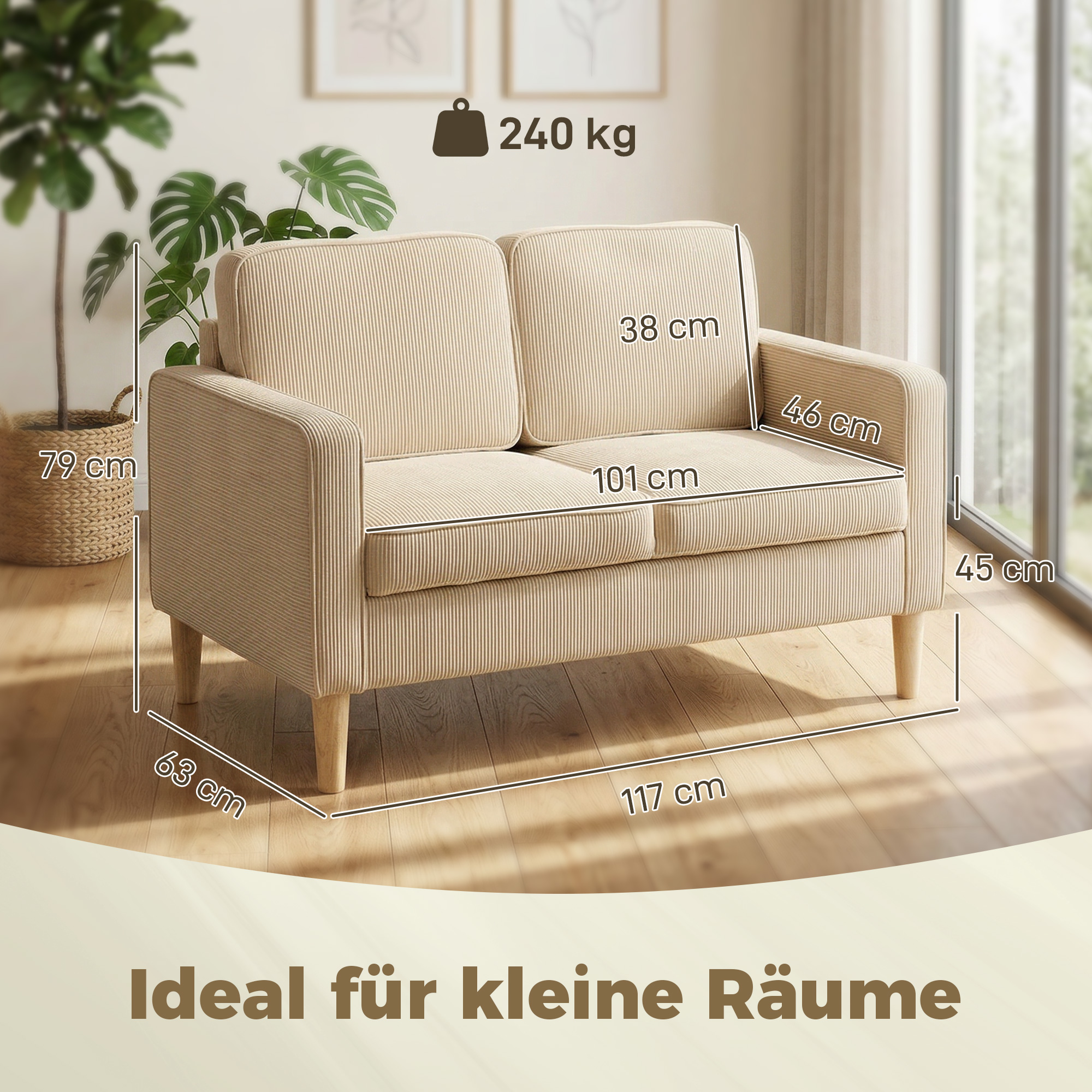Sofa 2 Sitzer Couch mit 2 Wurfkissen, Stauraum Massivholzfüßen 117 x 63 x 79 cm Beige