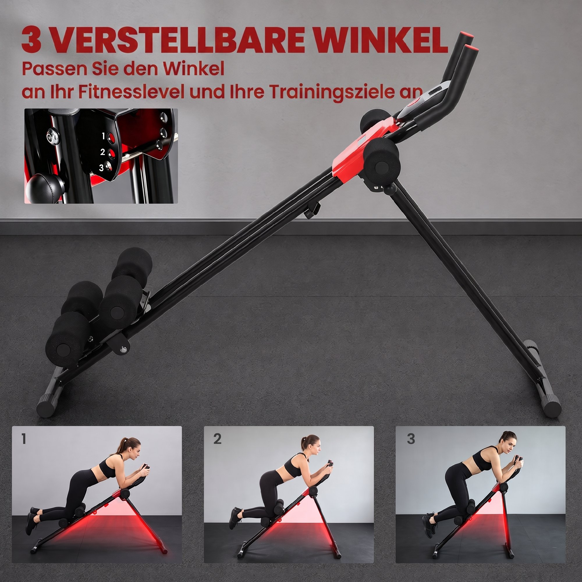 Bauchtrainer, Klappbarer Bauchmuskeltrainer mit LCD-Anzeige, Doppel-Schienen belastbar bis 120 kg, Stahl, Rot