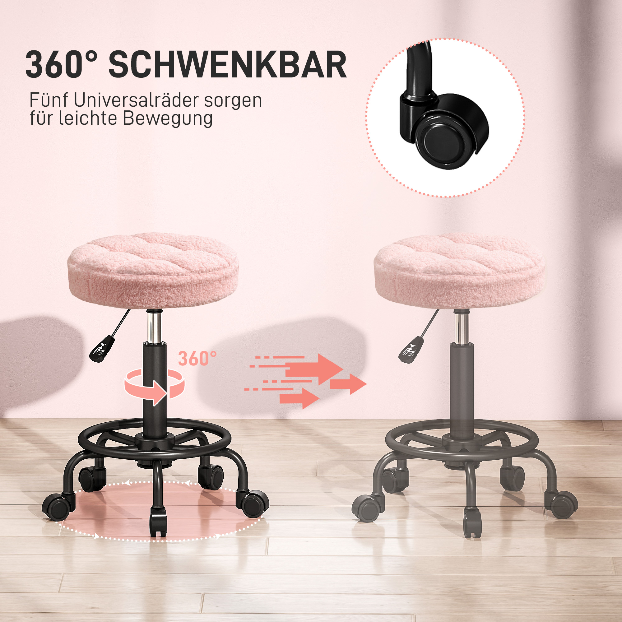 Rollhocker höhenverstellbar Drehhocker 55-66 cm Arbeitshocker 360° drehbar Ø50 x 50-66 cm Rosa