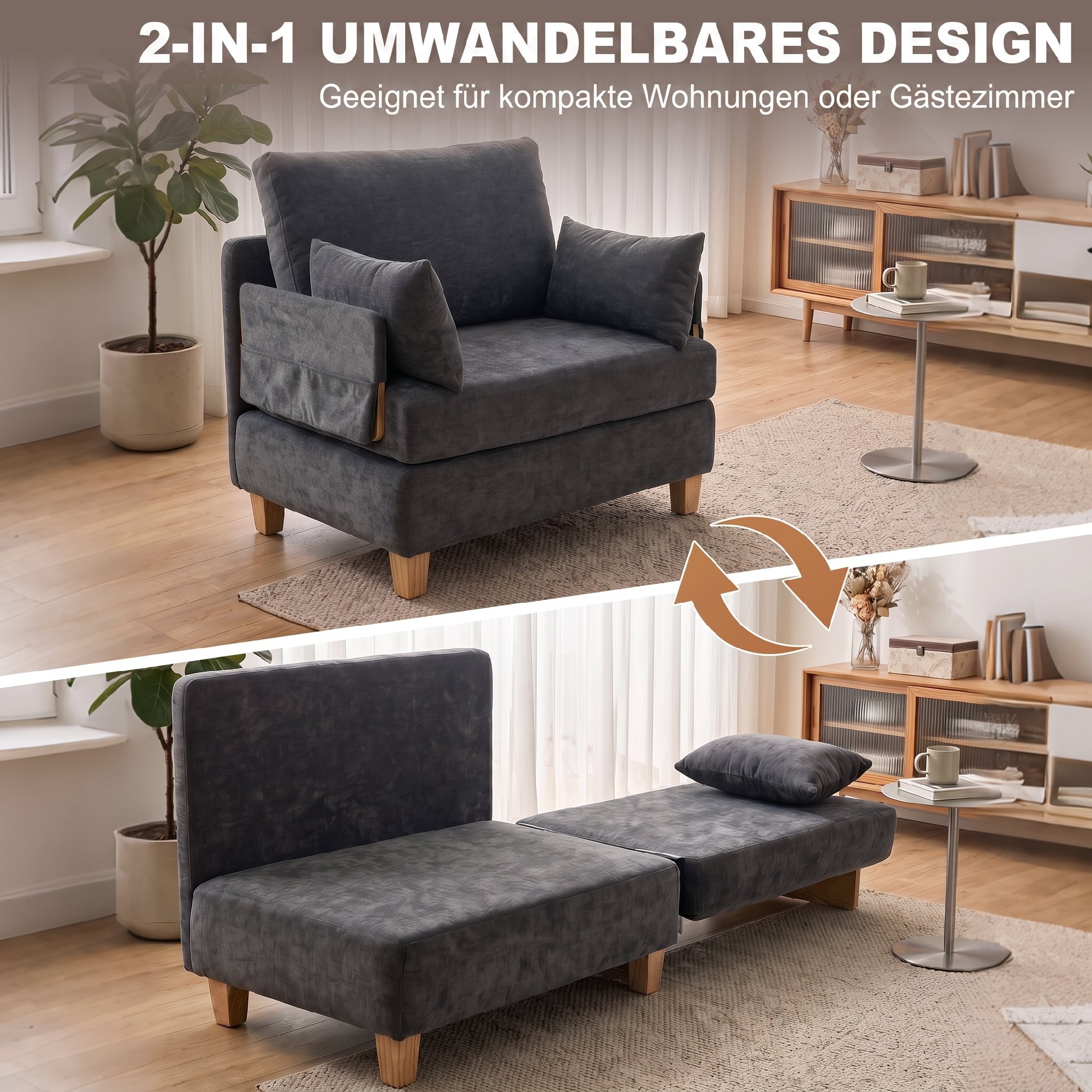 Schlafsessel 2-in-1 mit Bettfunktion, Schlafsofa mit 2 waschbaren Kissen, Seitentaschen für Wohnzimmer, Schlafzimmer